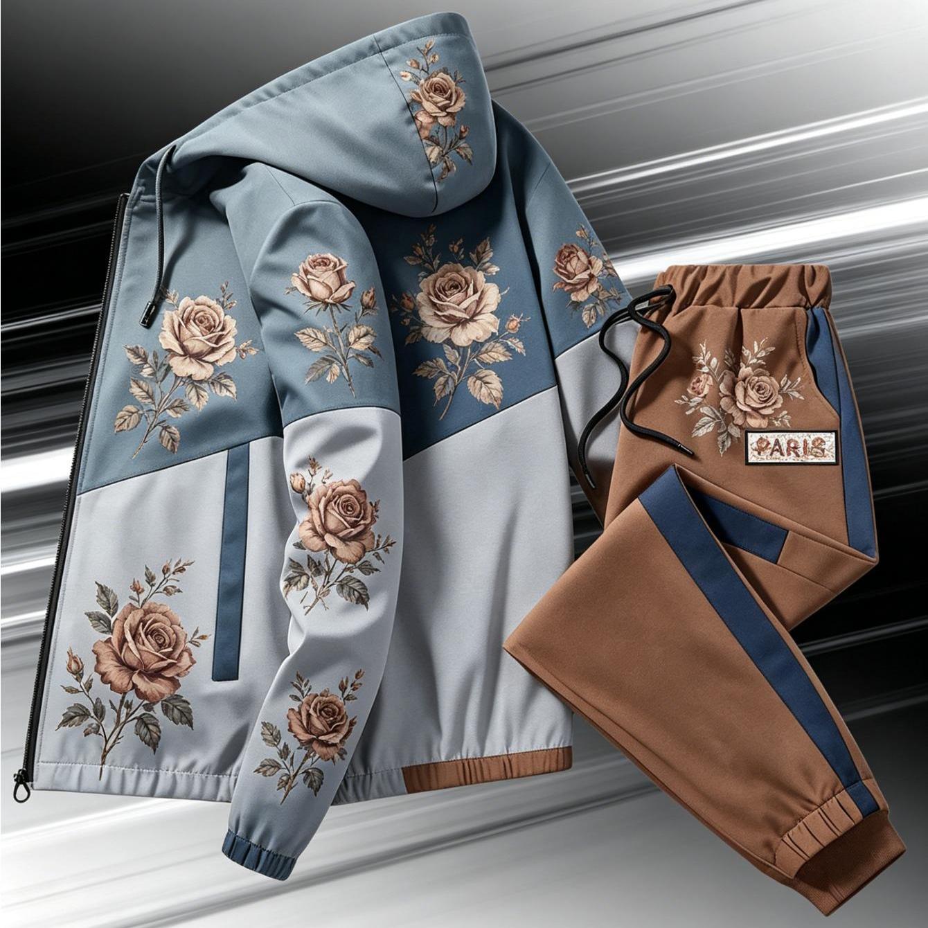 Two-piece Set New Arrival: Unisex Casual Print Windproof Zipper Jacket Set, Regular Fit, Stretch Fabric, Perfect For Men, Suitable For Occasions, Plus Size