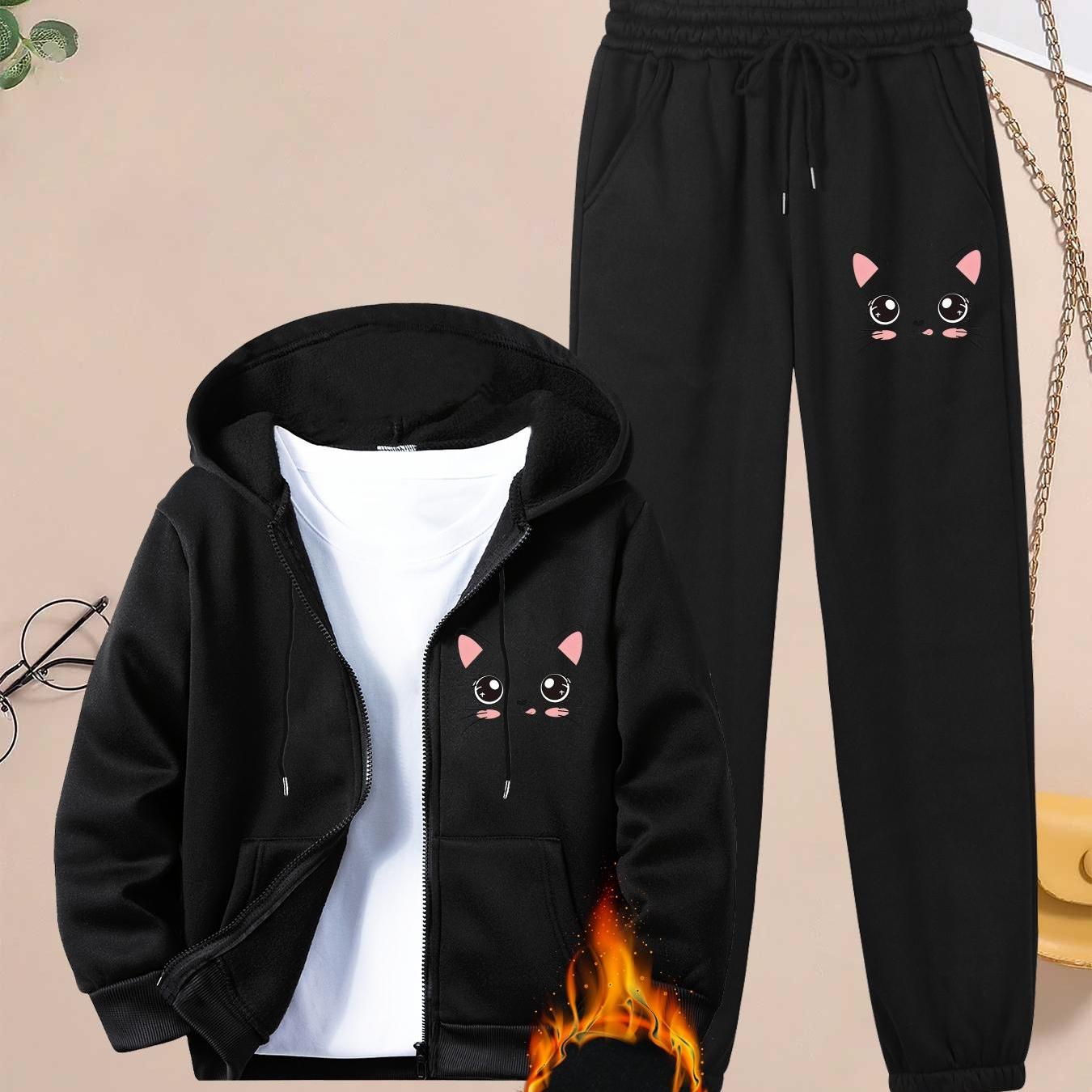 TEMU 2pcs Set, Printed -lined Autumn/winter Women's Set, Fashionable And Trendy For Parties And Casual Wear, Black Polyester Fiber Material, Running