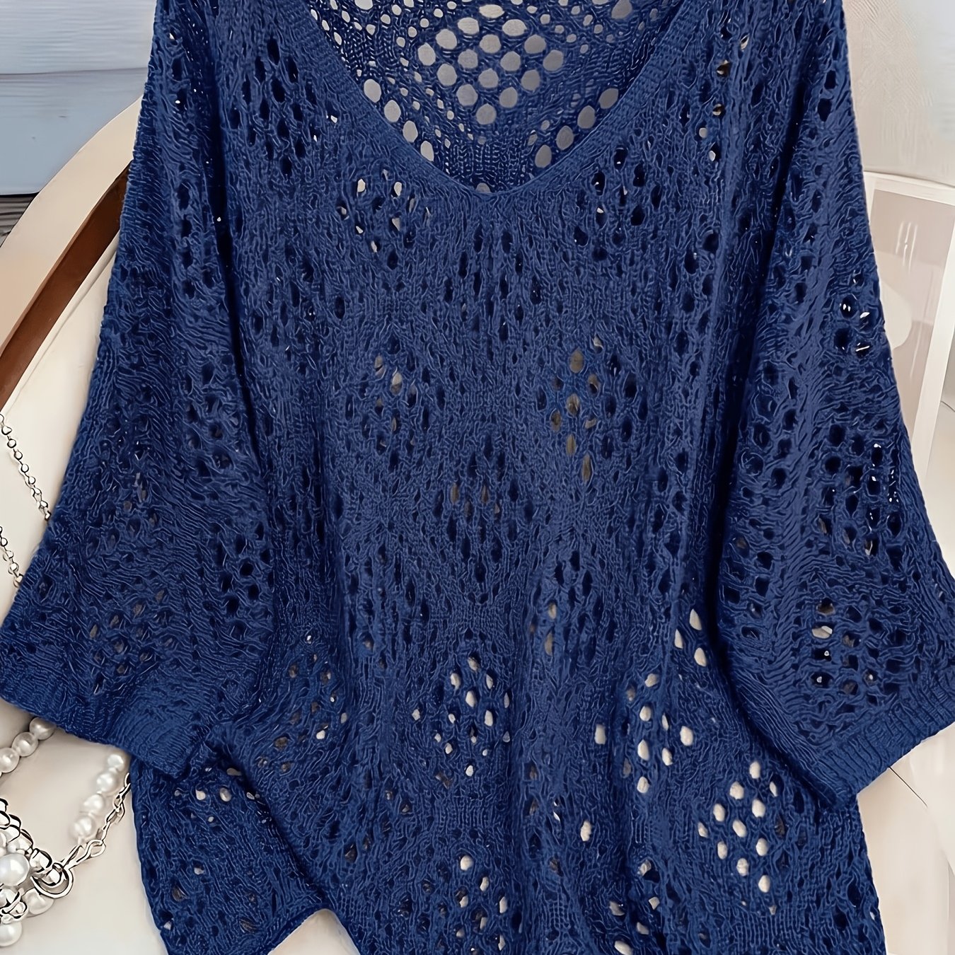 TEMU Plus Size, Plus Size V-neck Rhombus Cutout Top For Women, Summer Lightweight Batwing Sleeve Loose Fit Outerwear