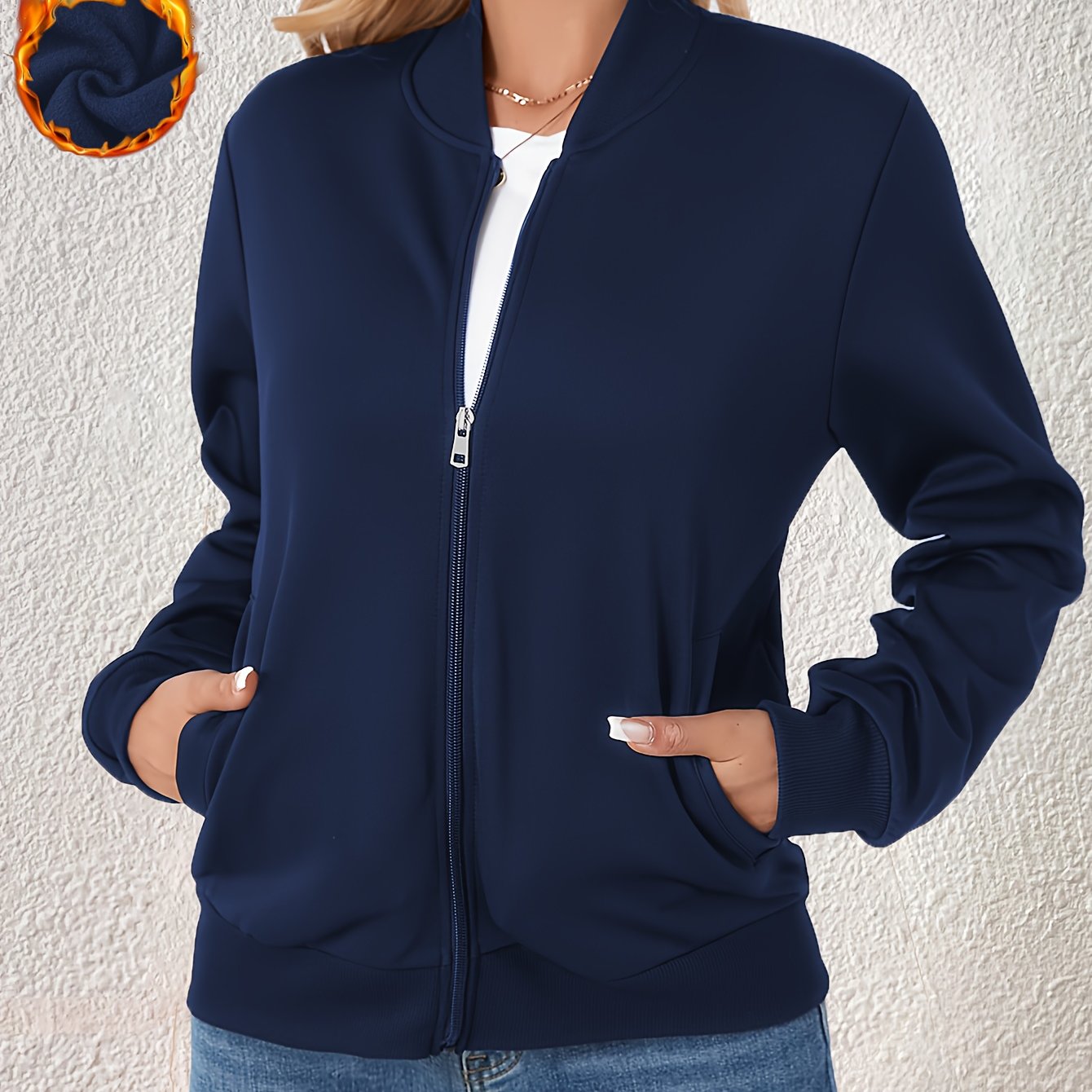 Image of Women's Zip-up Sweatshirt Jacket, Collar Casual Outerwear, Pockets, Stretch, Fabric, Suitable For Daily Wear And Outdoor Sports In Autumn And Winter, Women's Clothing