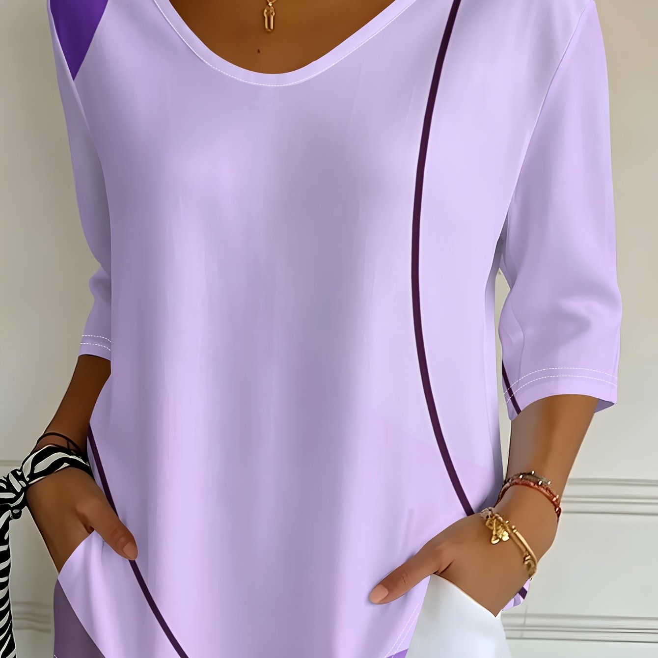 TEMU Casual Fashion Western Style Women' Purple Contrast Color Casual Printed Three-quarter Sleeve V-neck T-shirt Top