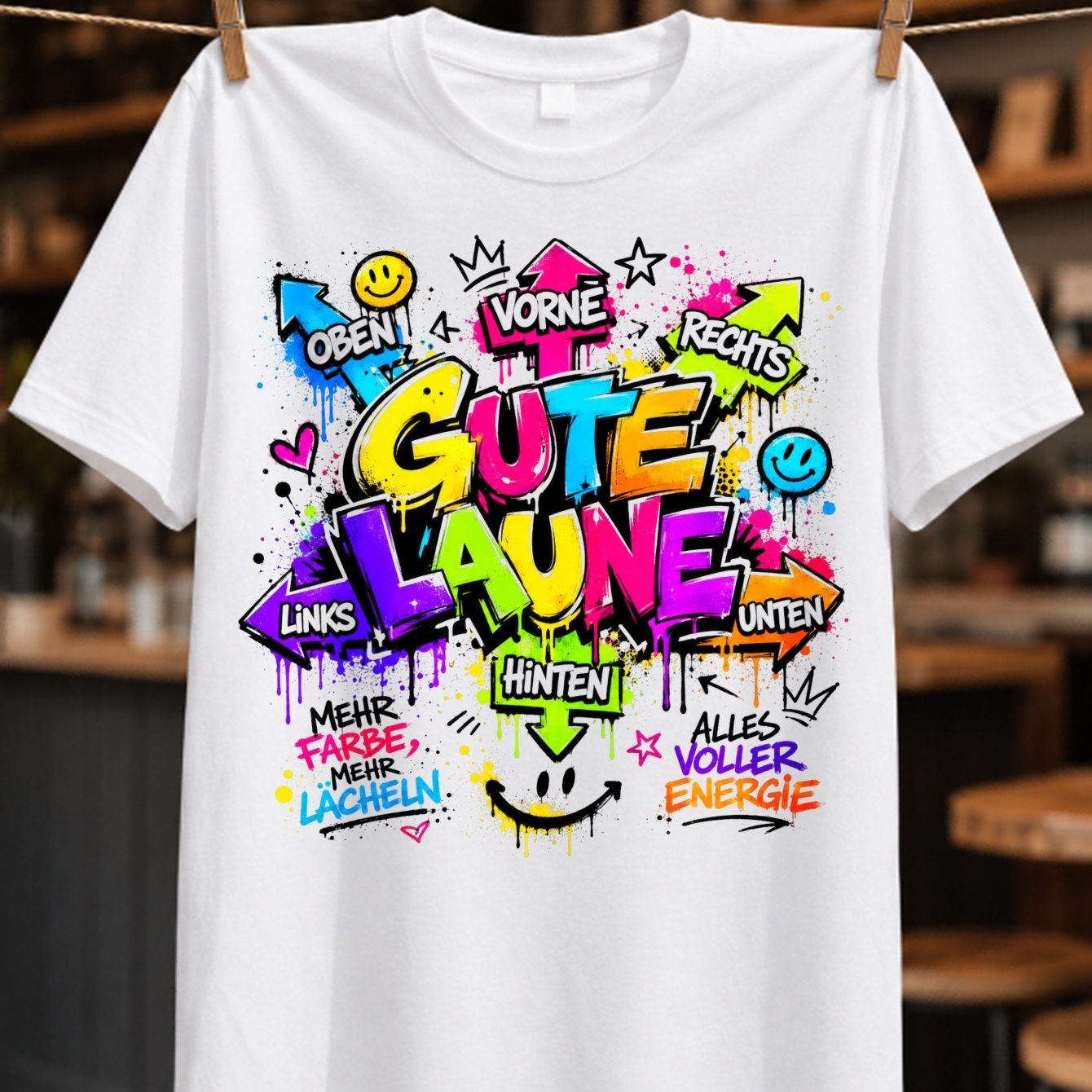 Image of German Bright Street Lettering With Sm Faces Hearts And Stars More Colors More Theme Unisex All T-shirt