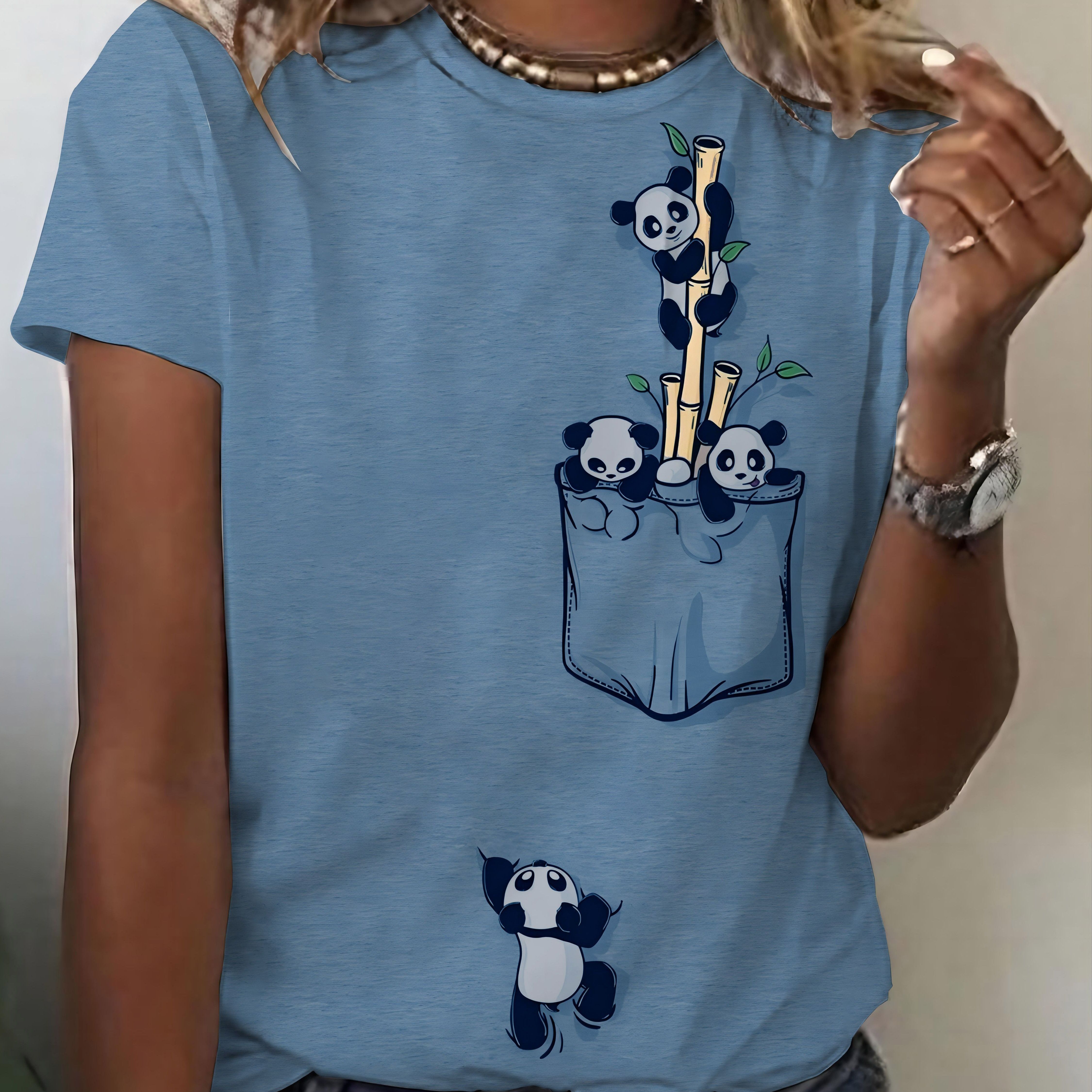 Image of Panda Print Crew Neck T-shirt, Casual Short Sleeve Top For , Women's Clothing