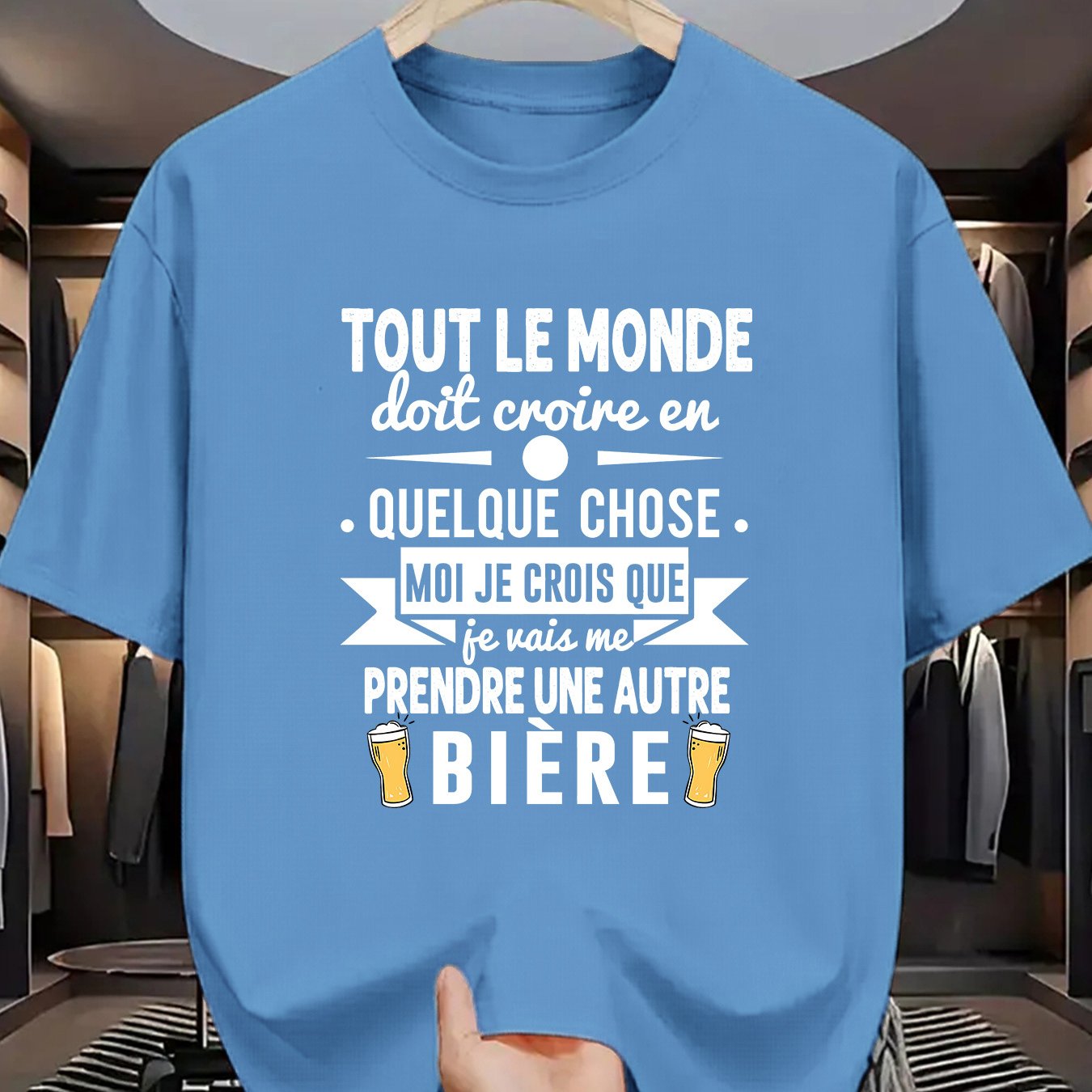 TEMU Men's French Humor & Beer Graphic T-shirt - "everyone Must Believe In... Beer" Beer Short Sleeve Casual Fashion Tee