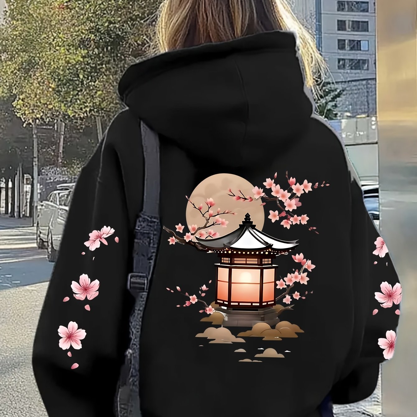 TEMU Plus Size Ladies' Comfortable And Casual Hoodies, Lanterns And Cherry Prints, Lazy And Loose Wild Tops, Micro-elastic Comfortable Fabrics,