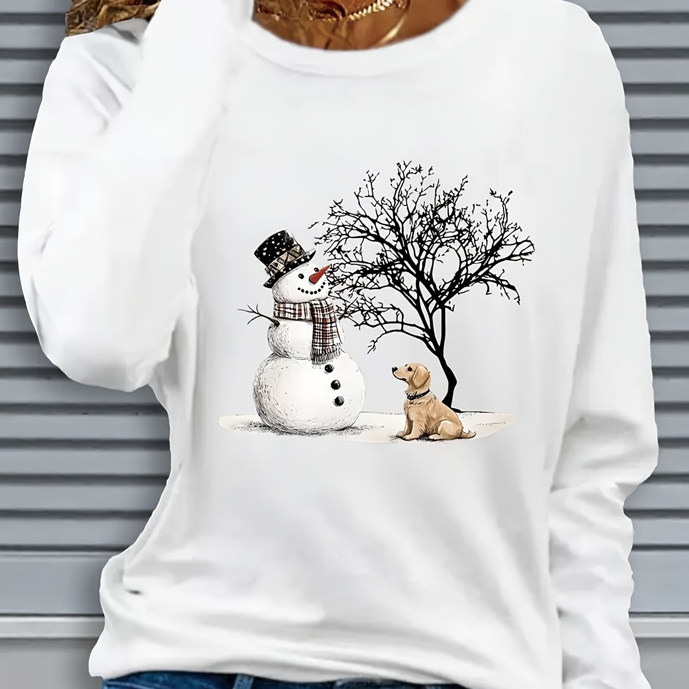 TEMU Women's Patterned Long Sleeve T-shirt - Casual Crew Neck, Soft, Machine Washable - Perfect For Fall Winter