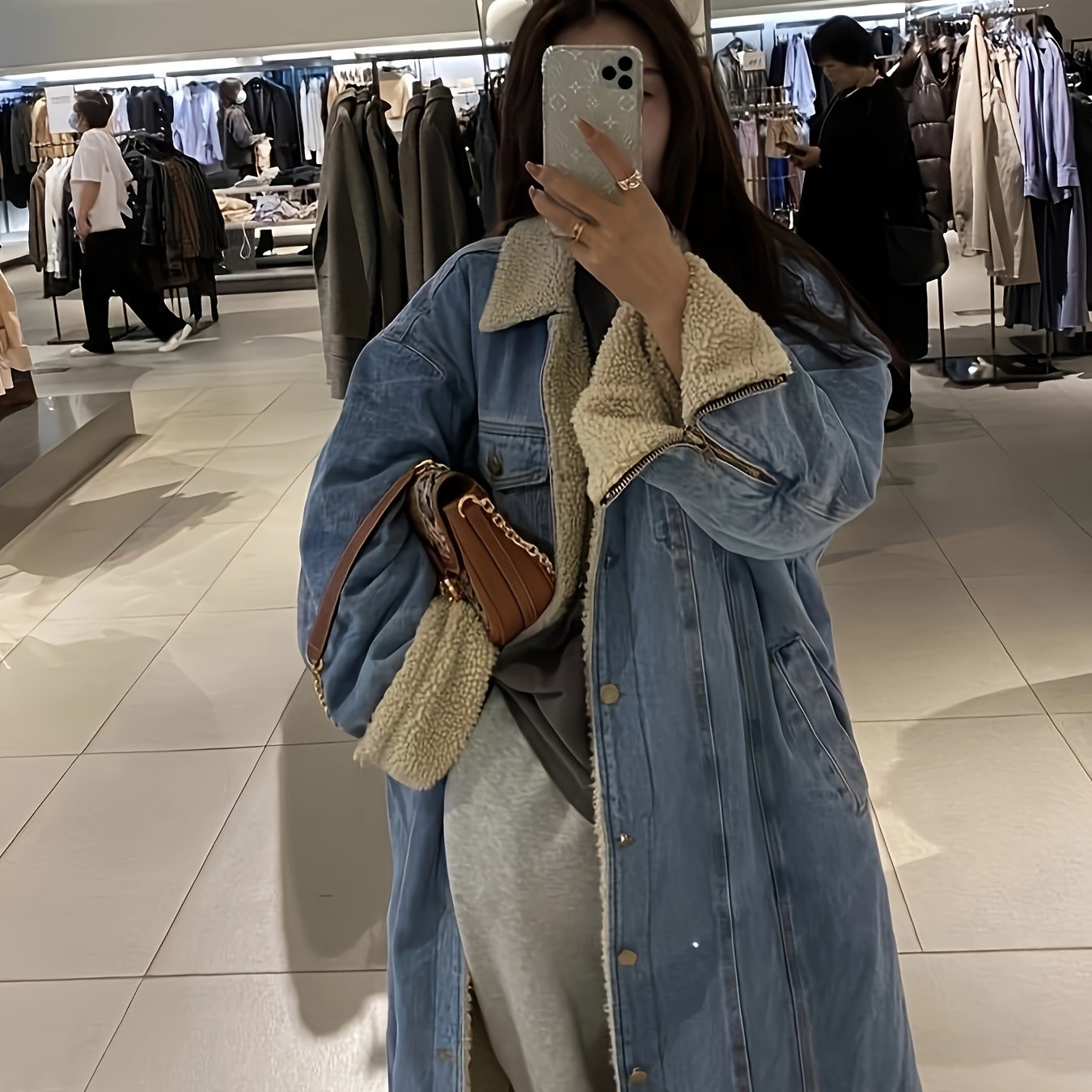 TEMU Plush Lined Long Sleeve Stylish Denim Coat, Button Collared Casual Denim Jacket, Women's Clothing