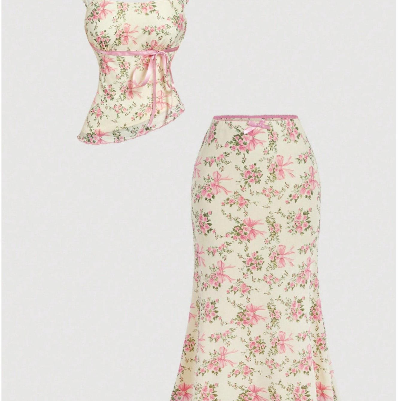 Image of Square Neck Floral Print Bow Tie Top & High-waisted Mermaid Skirt Two-piece Set Women's Spring Summer Version | Sweet , Suitable For Travel, Dating And Semi-formal Occasions, Slim-fit Elegant Outfit
