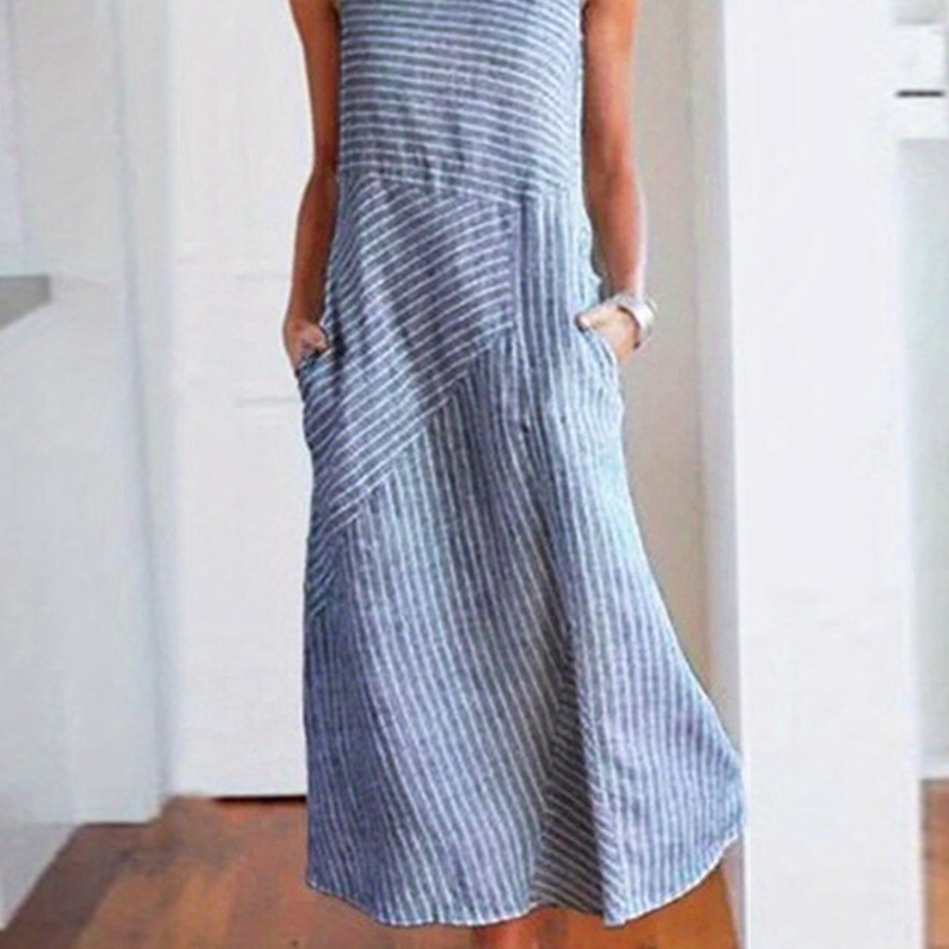 Women&#39;S Striped Tank Dress Round Neck Sleeveless Midi Dress with Pockets for Summer