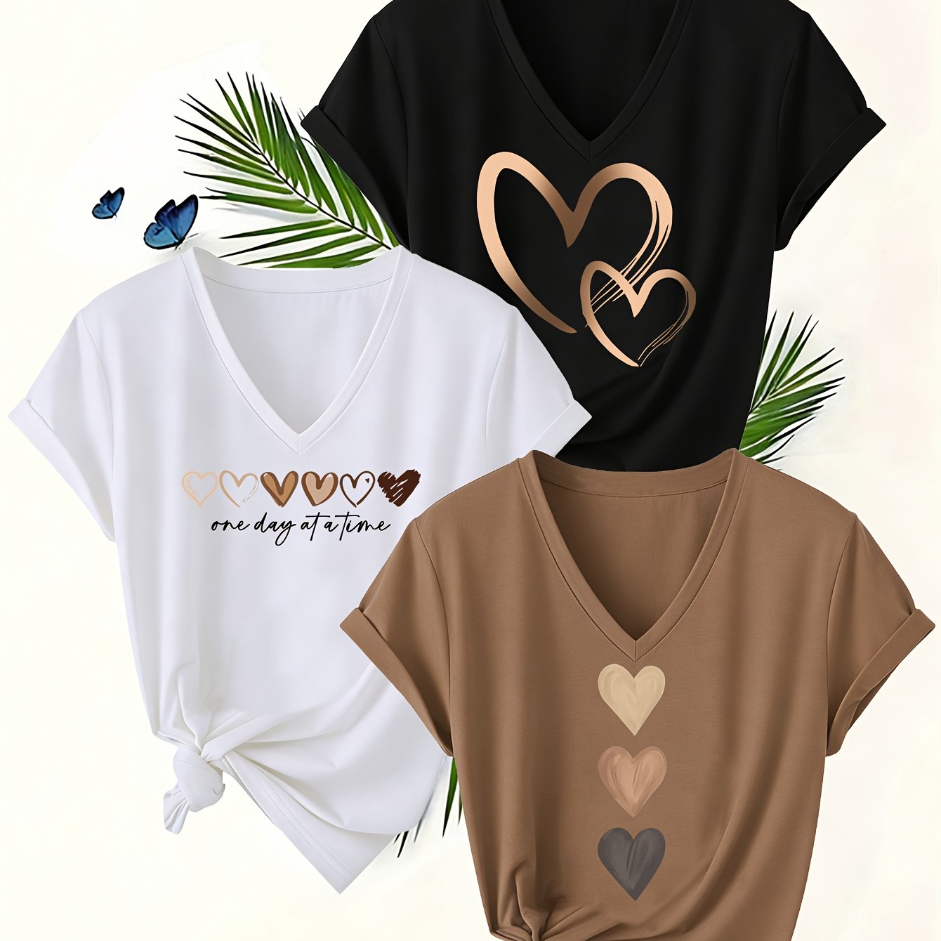 TEMU Women's 3pcs V-neck Short-sleeve T-shirts With Heart Print, Clear And Fade-resistant, Soft And Breathable Fabric, Casual And Versatile, Machine
