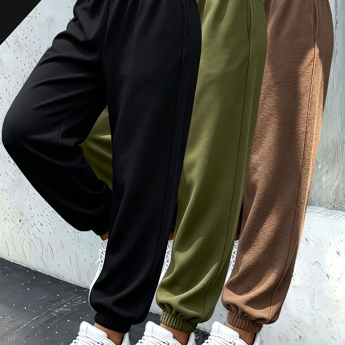 TEMU 3pcs Autumn Casual Joggers, Fleece-lined Elastic Waist Comfortable Trousers, Women's Solid Color Joggers, High-waist Loose Drapey Sweatpants For
