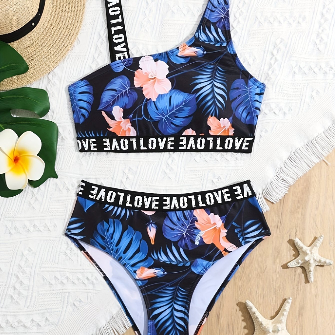 bikini v velikosti 'S' z 2 , trakovi, patchwork, en ramenski naramnica, enostaven osnovni stil, potisk rastlin, 2 kosa za bazen