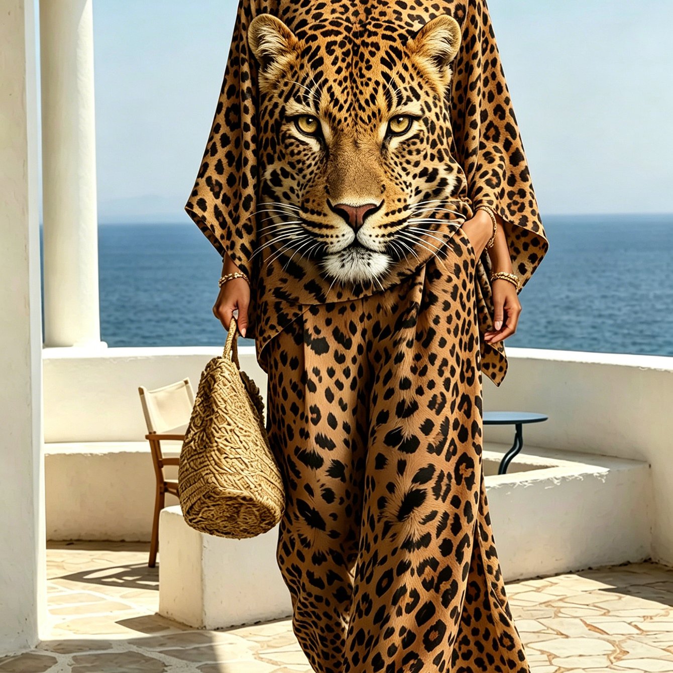 Image of Women's 2pcs Summer Set, Crew Neck Irregular Loose Top With Wide-leg Pants, Leopard Print , Friendly, Figure-flattering & Draped, Perfect For Beach Vacation, Daily , Casual