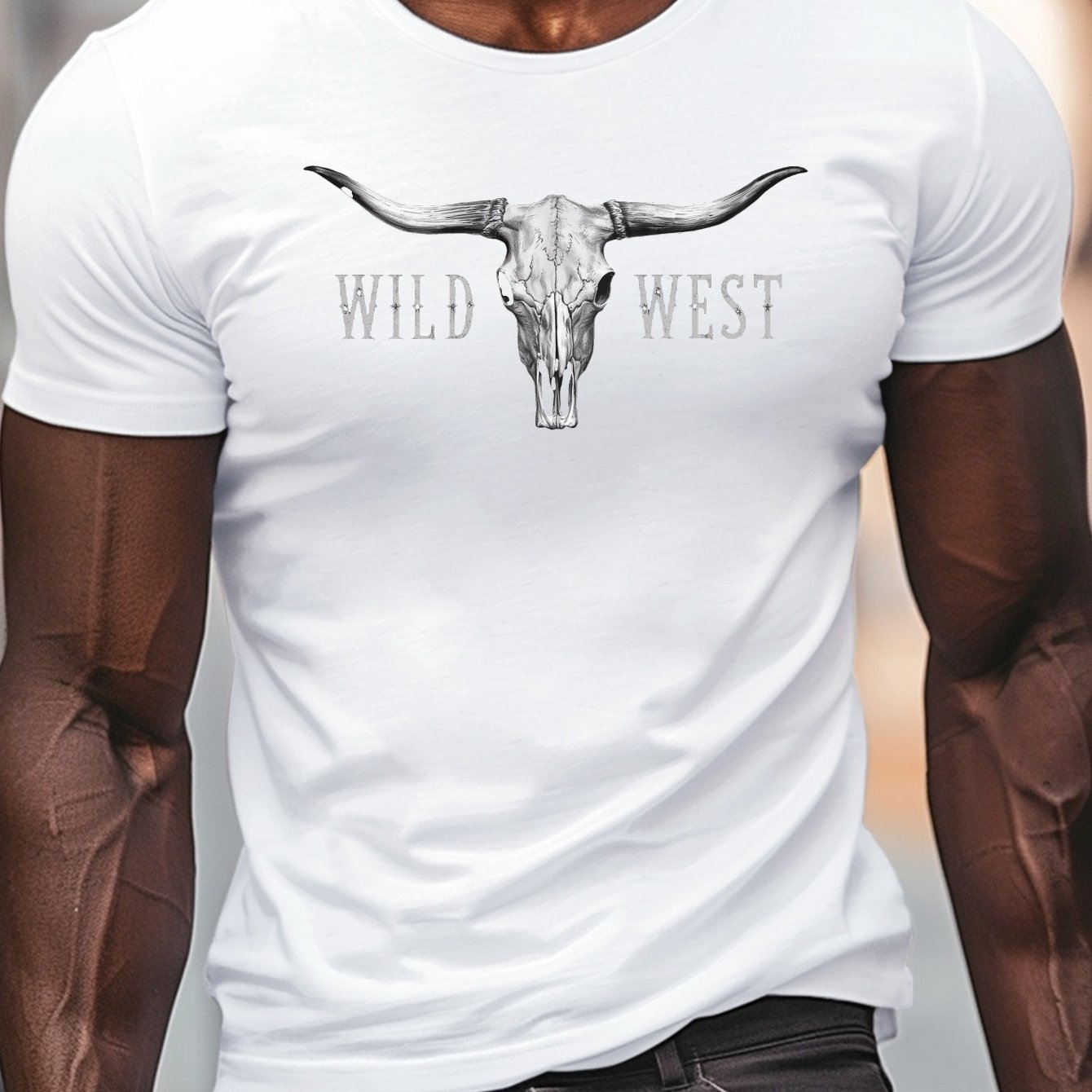 TEMU Wild West Longhorn Skull Print, Men's Round Crew Neck Short Sleeve Tee, Casual T-shirtcasual Comfy Lightweight Top For Summer