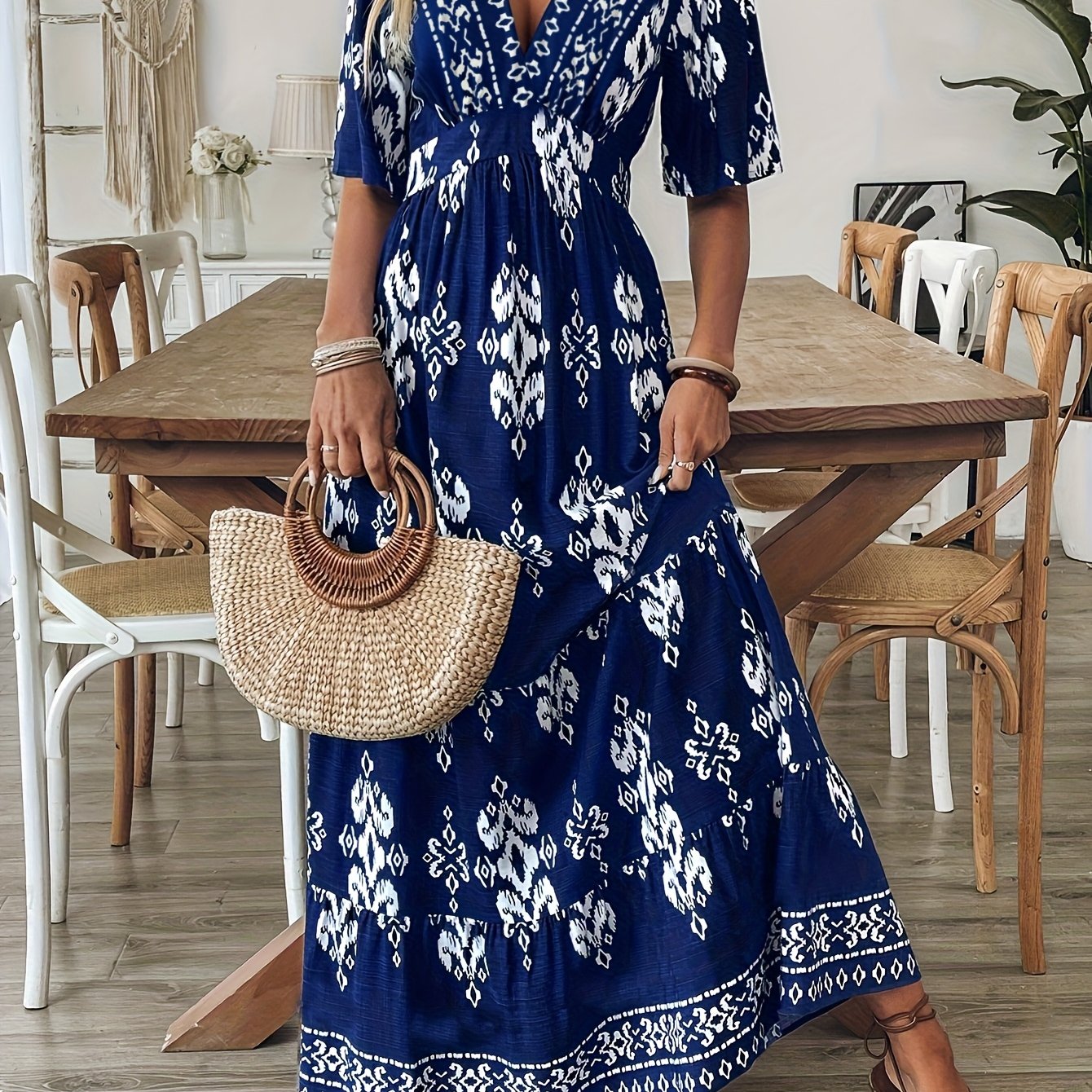 Women's Vintage V-neck Printed Casual Dress
