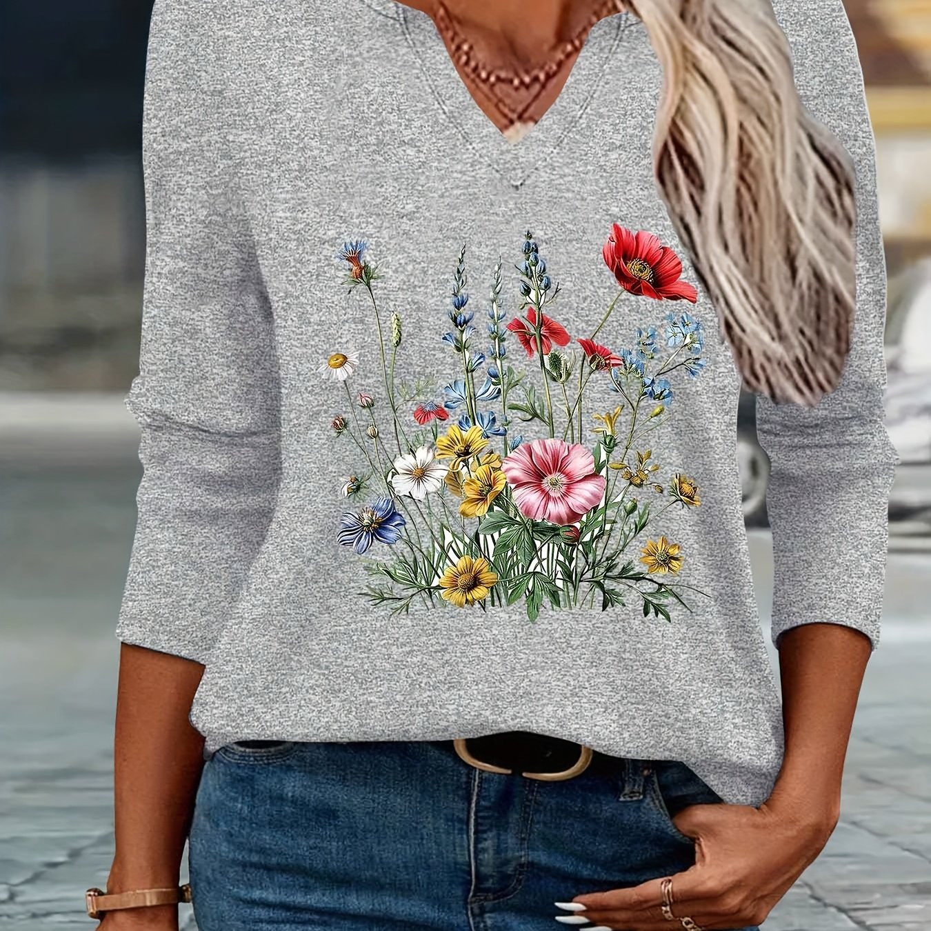 TEMU 2025 New , Gift For Her, Spring , Wild Flowers Natural, Gardener Plant Print, Spring/summer Fashion Simple Women's Casual V-neck Three-quarter