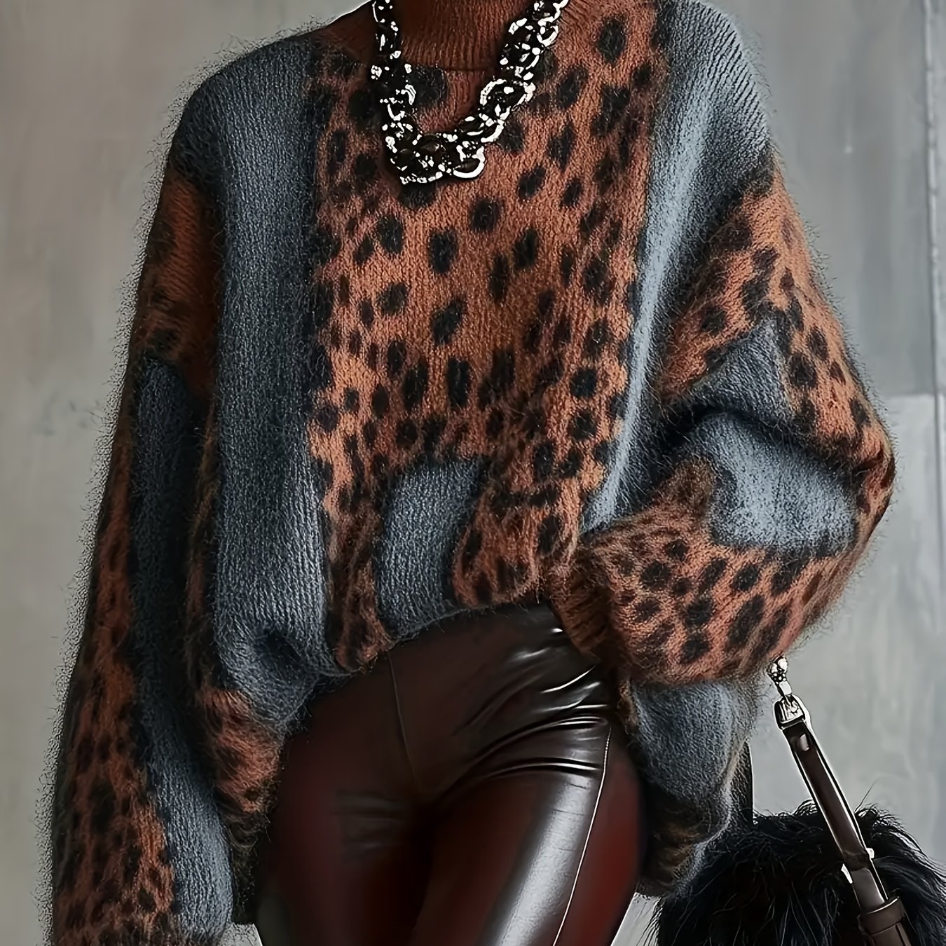 TEMU Women's Cozy Leopard Print Cardigan - Soft, Loose Fit, Long Sleeve Pullover With High Neck, Brown & Animal Print, Perfect For Fall/winter, ,