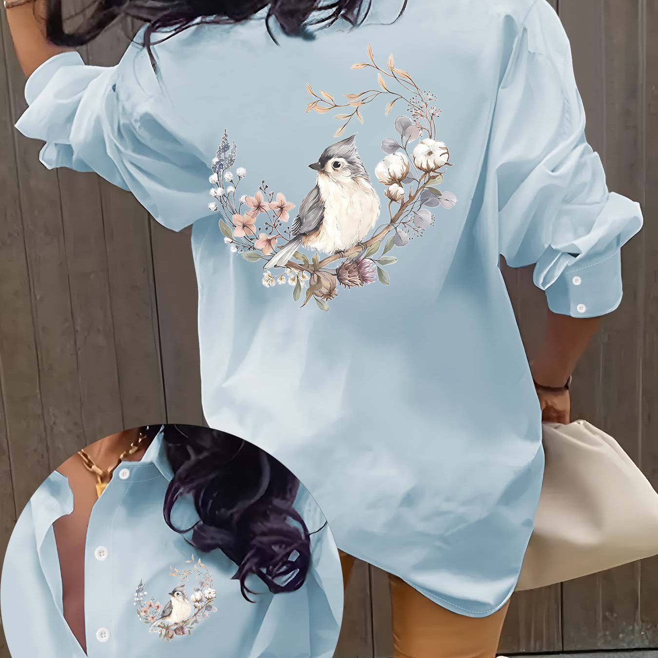 TEMU Women's Comfortable Simple Elegant Bohemian Vintage Bird And Floral Print Collared Long Sleeve Shirt, One-piece Women's Wear, Beautiful Women's