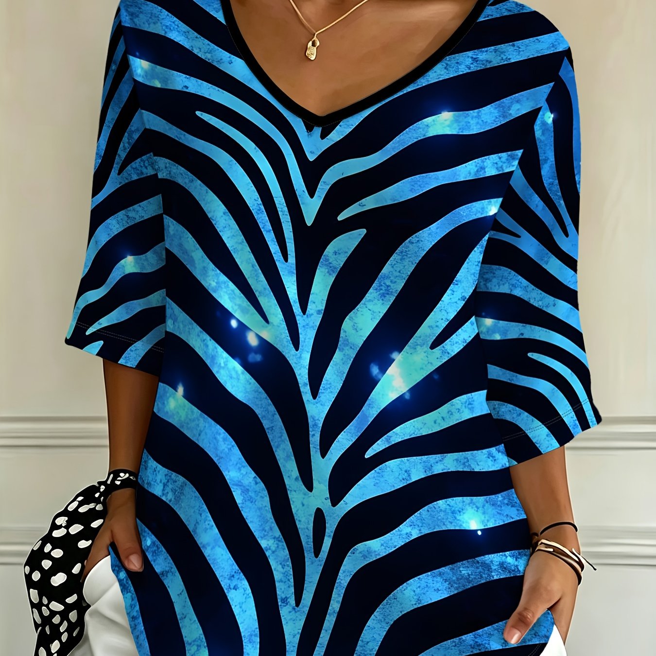 TEMU Plus Size, Casual Fashion Holiday New Arrival Plus Size Women's Starry Sky Zebra -quarter Sleeve V-neck T-shirt Top