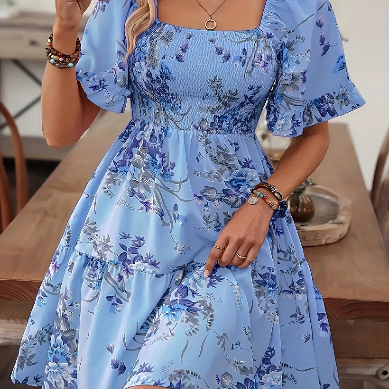 Plus Size - Plus Size - Plus-size Women's Casual Vacation Square-neck Sleeve Printed Dress