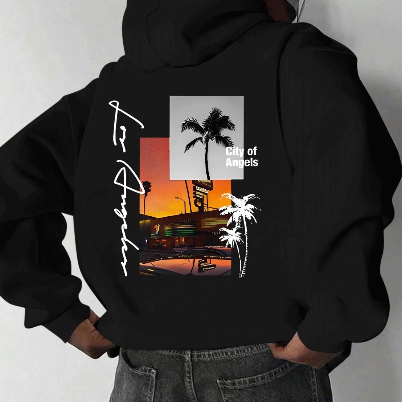 Men's Los Angeles California Graphic Hooded Sweatshirt - Iconic Palm Trees & , Casual Long Sleeve Pullover, Spring/fall Streetwear, Regular Fit Urban Sweater For -themed Outfits