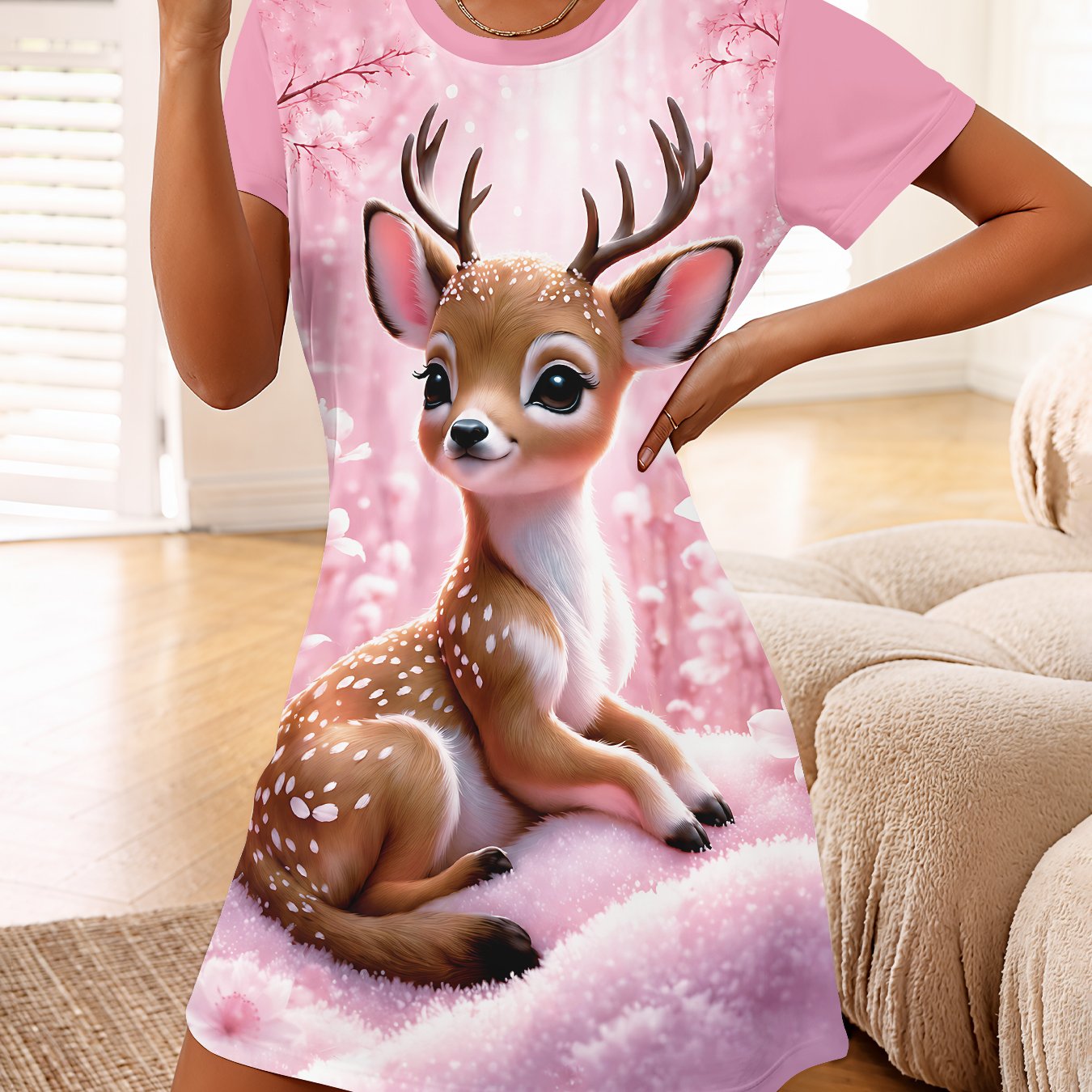 TEMU [women's Nightgown] Soft Cute Spotted Deer Nightgown, Fashionable Trendy Casual Nightgown, , Women's Casual, Suitable For Parties, Lazy And