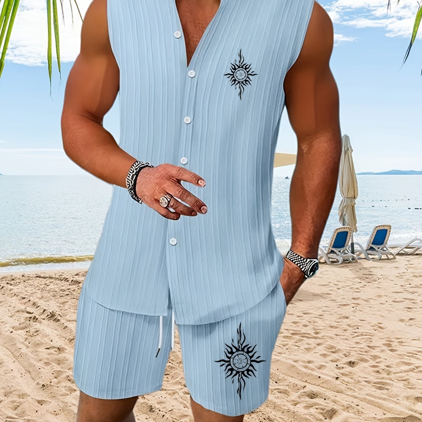 TEMU 2026 Men's Jacquard Striped Collar Sleeveless Shirt/island Vacation Casual Sleeveless Henley Shirt And Jacquard Striped Casual Drawstring Shorts