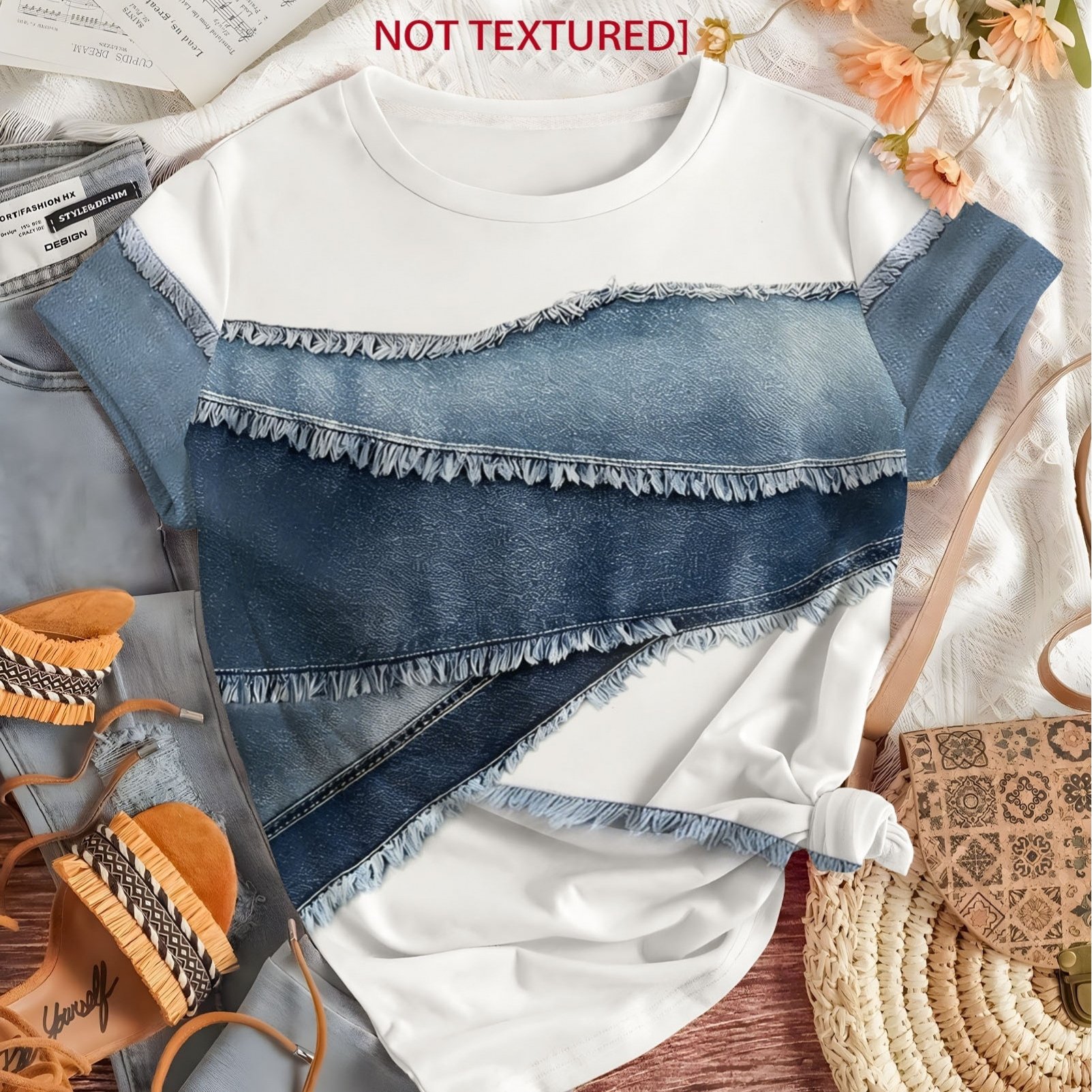 TEMU [printed Pants - Not Denim Fabric]printed Design - Non-textured. This T-shirt Features A Denim-like Frayed Edge And Is A Stylish For Women,