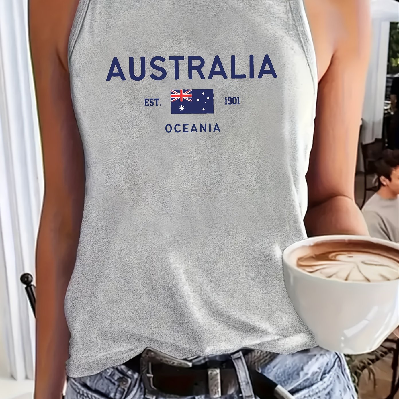 TEMU Women's Australian Flag Print Sleeveless Tank Top - Commemorative 1901 Design, Stretchy Fabric, Casual Layering Essential For Casual Attire,