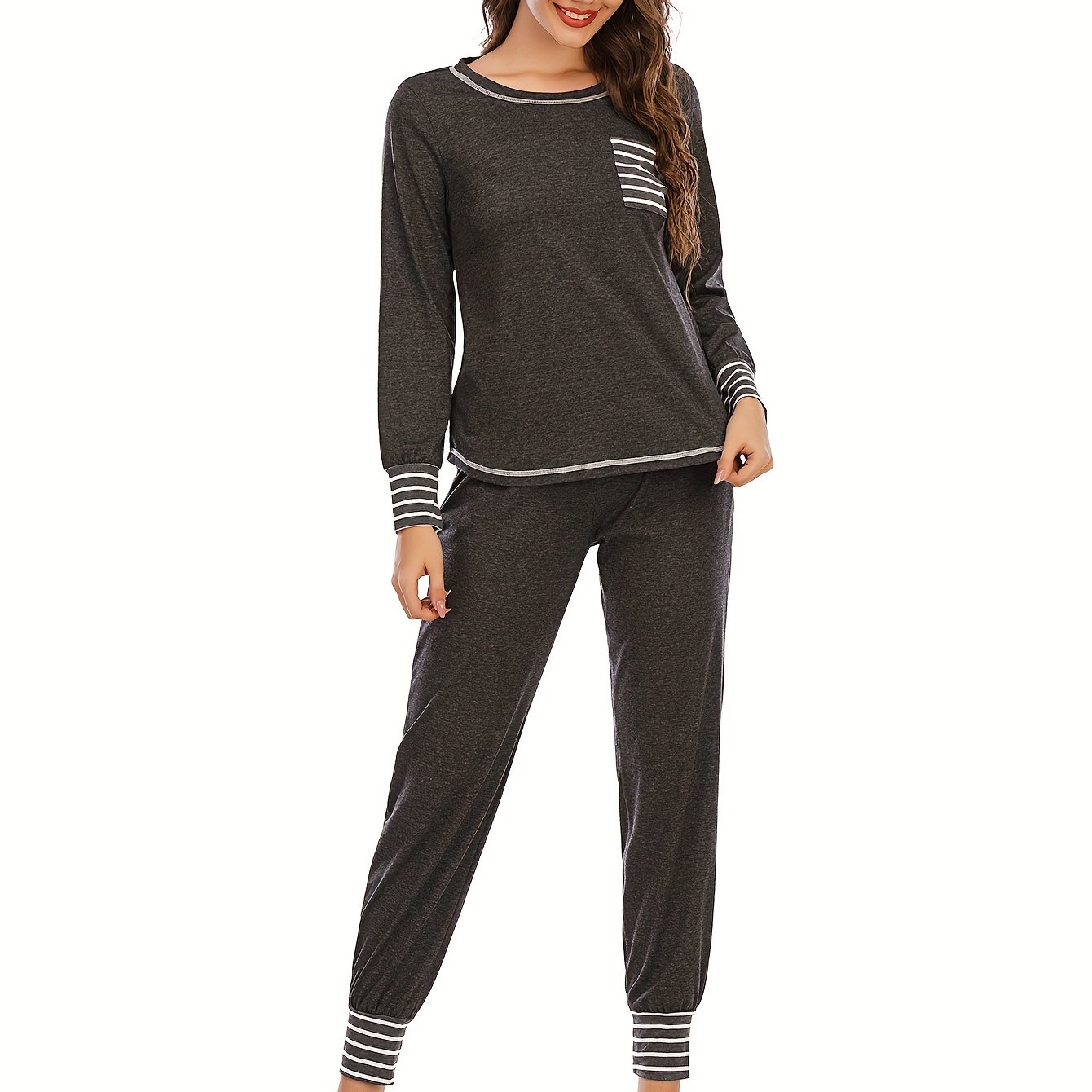 Image of Women's Pajamas Autumn Winter Sleepwear 2pcs Set Round Neck Long Sleeve Home Clothes Set