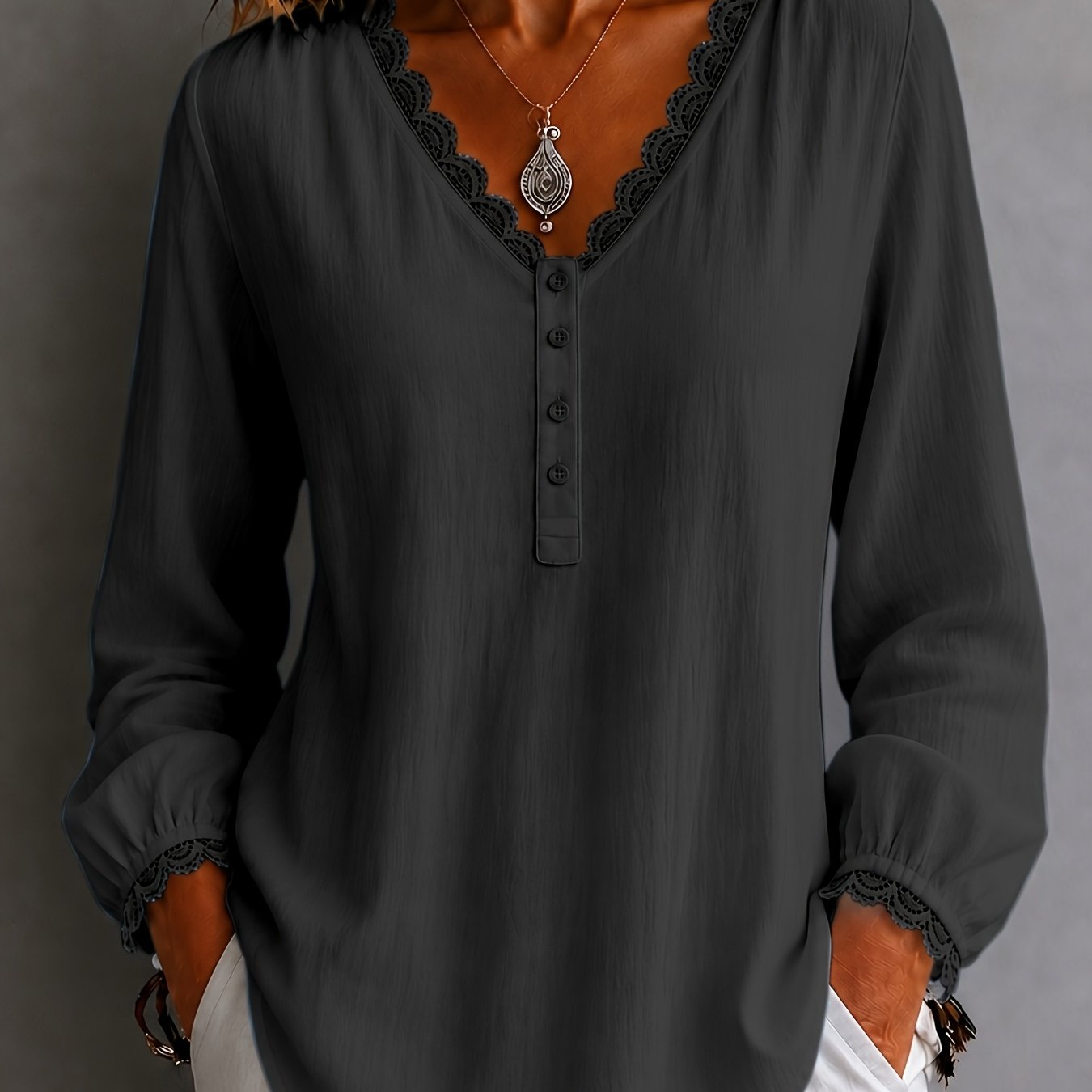 TEMU New Stunning Taxi V-neck Solid Color Long Sleeve Shirt, Versatile Women's Blouse