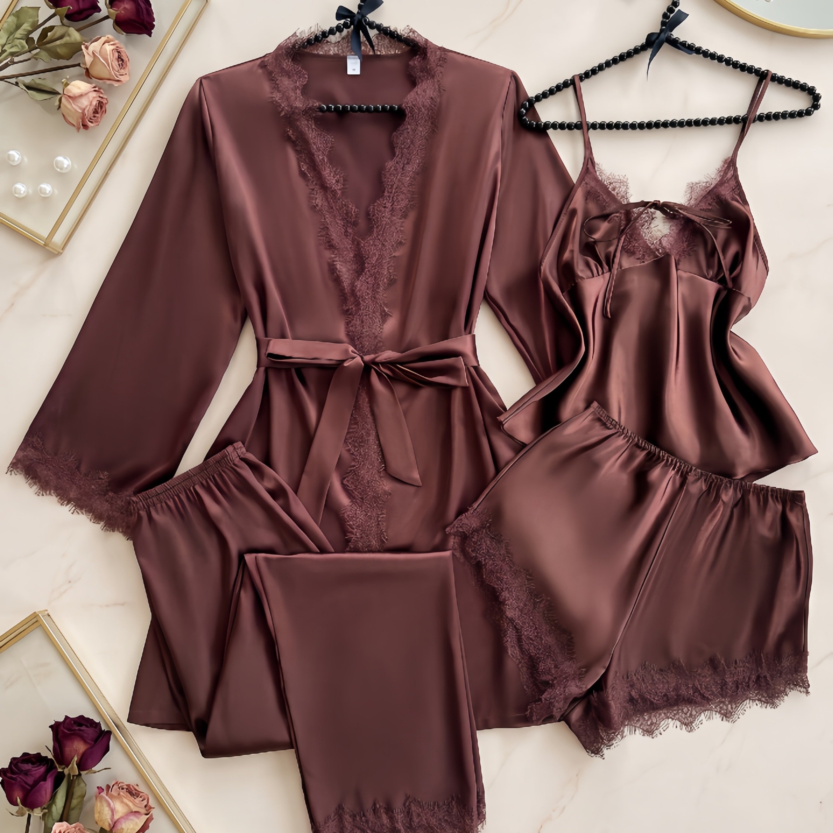 TEMU 4pcs Women's Sexy Camisole Top And Shorts Elegant Jacquard Satin Long Pants Robe Multi-piece Set Outerwear