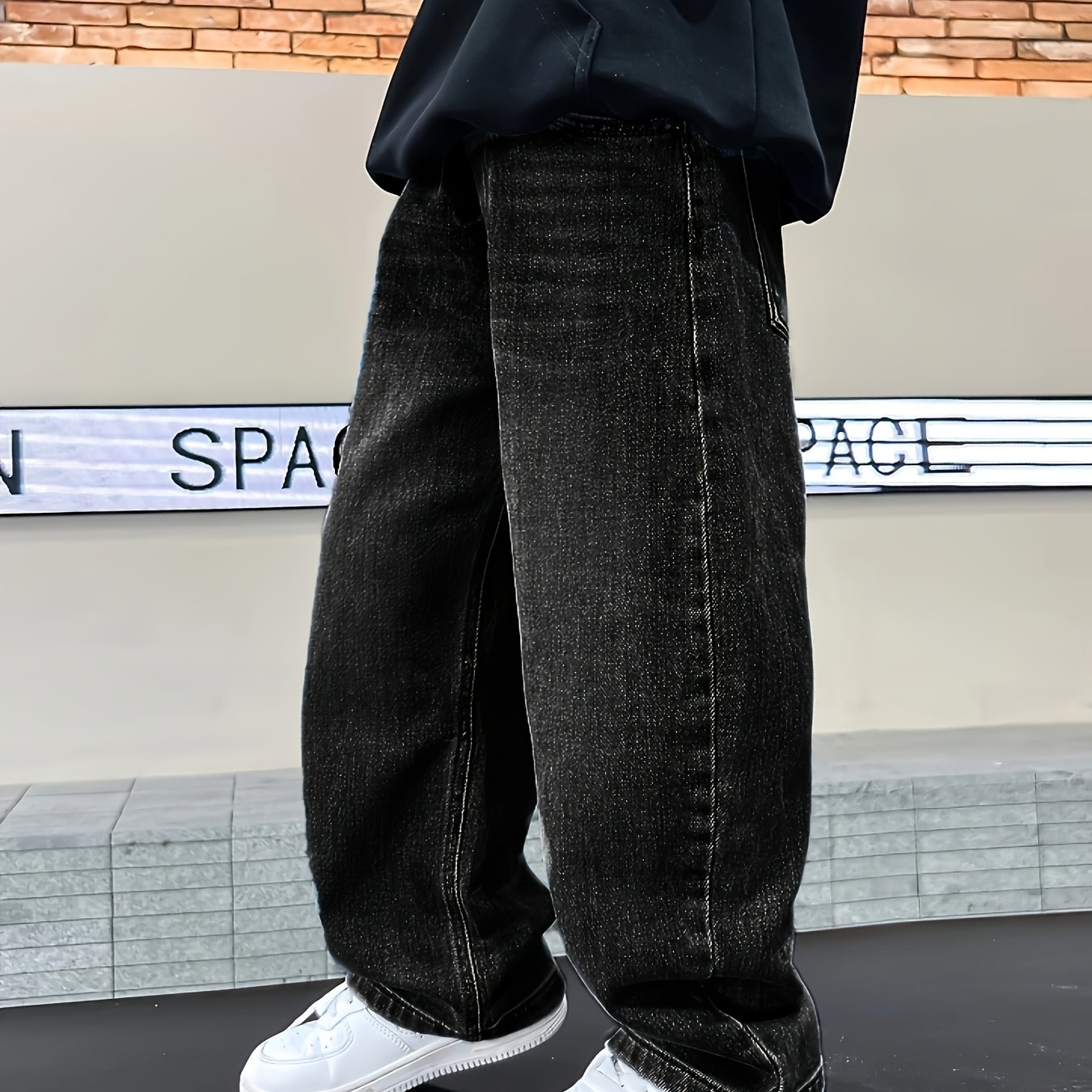 Image of Boys' Casual Fashion Elastic Waist Washed Jeans Straight Trousers Long Pants
