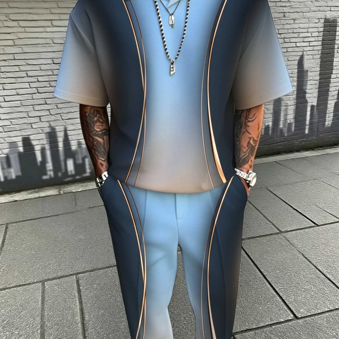 Image of Easy Collared Shirt And Trousers Set With A City Gradient Design, Suitable For Everyday Casual Wear, A Great Gift For , An For Outdoor Activities, Suitable For Teenagers, For Teenager