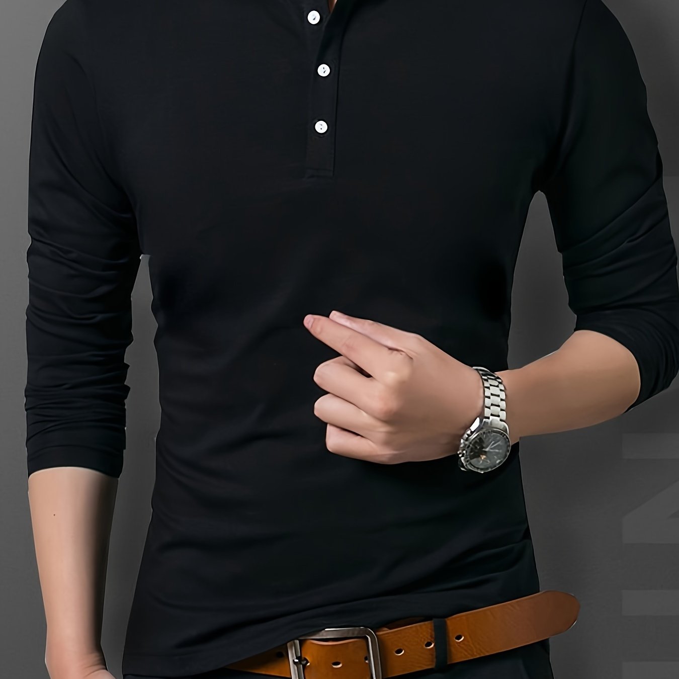 TEMU Spring/autumn Men' Color Long Sleeve Shirt, Stand Collar 4-button Long Sleeve T-shirt, Suitable For Outdoor Casual Wrinkle-resistant