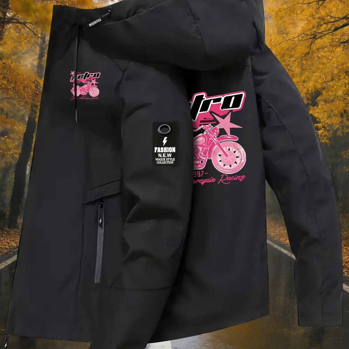 TEMU Women's Jacket, Retro 1997 Street Motorcycle Racing And Color Motorcycle Silhouette, Star Element Pattern Print Long Sleeve Zipper Pocket Hooded