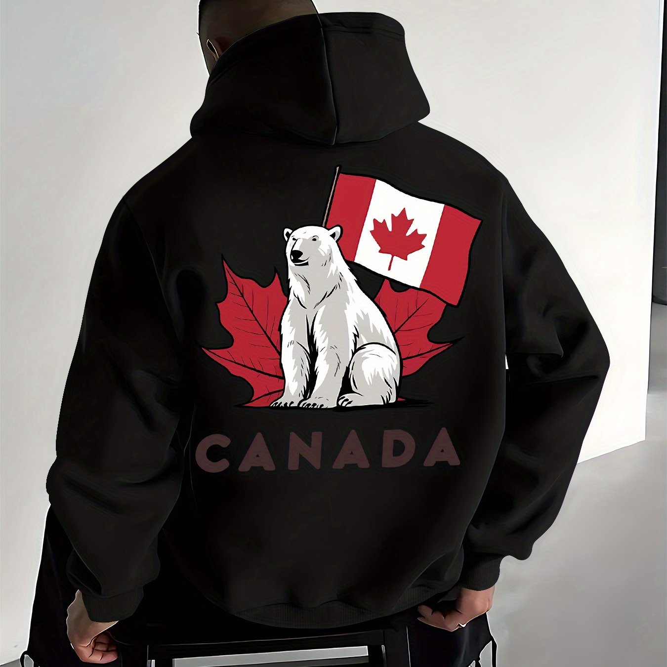 Image of Men's Hooded Sweatshirt, Casual And Versatile, Featuring A Trendy Polar Bear And Maple Leaf Pattern. Suitable For Outdoor Wear And Lounging At Home, This Men's Casual Pullover Hoodie Is A Stylish