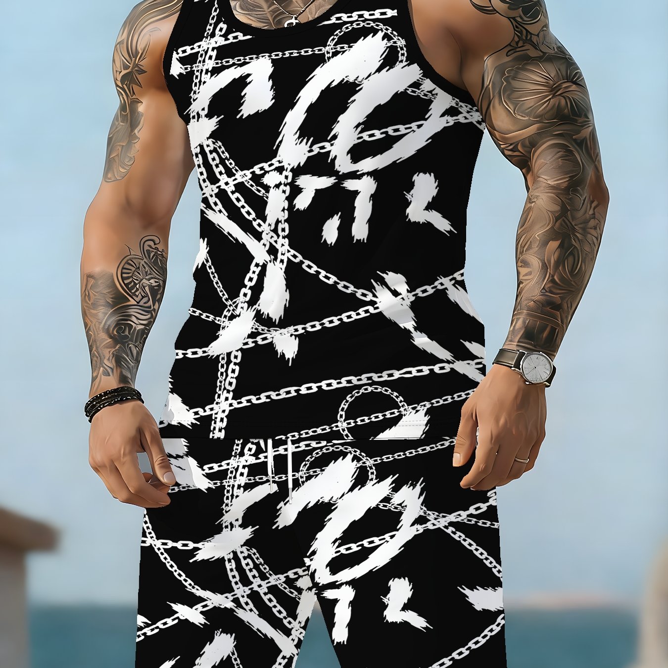 TEMU 2026 's 2pcs Set: Sleeveless Printed Tank Top And Drawstring Shorts For Summer Outdoor Leisure