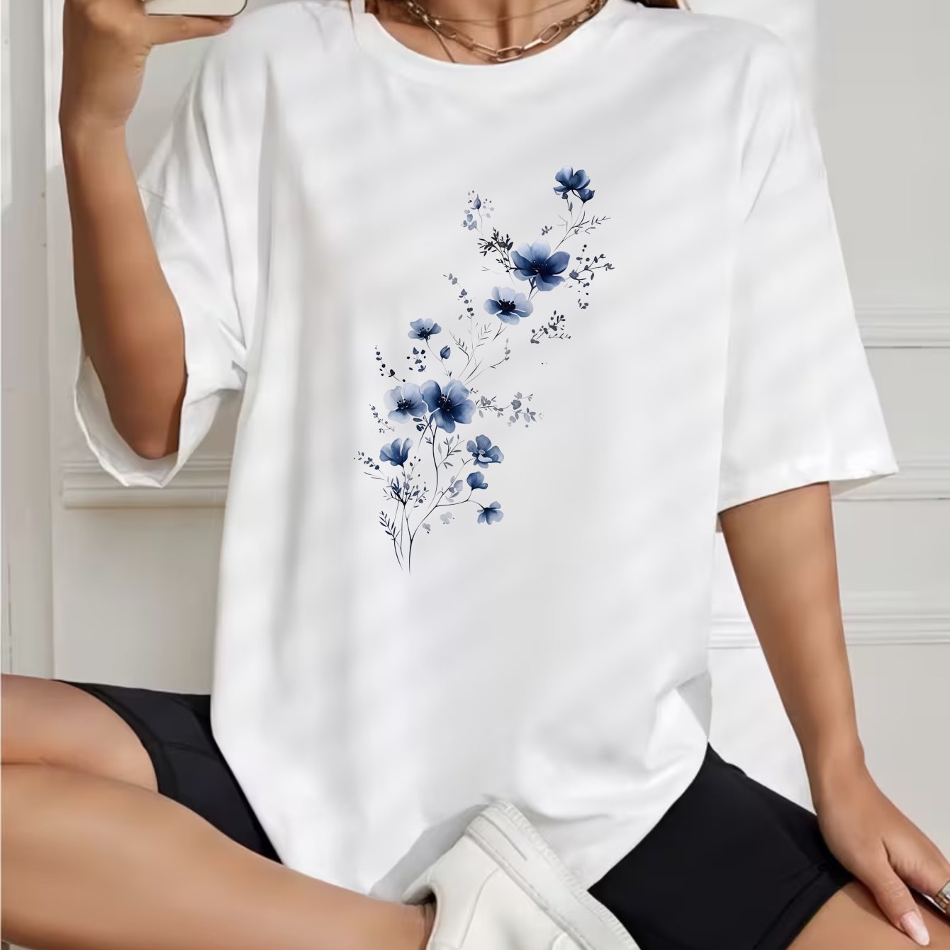 Women's T-shirt Blue Flowers Wearing Clothes For Daily And Summer Casual Round Neck T-shirt Comfortable Fabric Multi Functional T-shirt Delivery Fashionable Breathable T-shirt