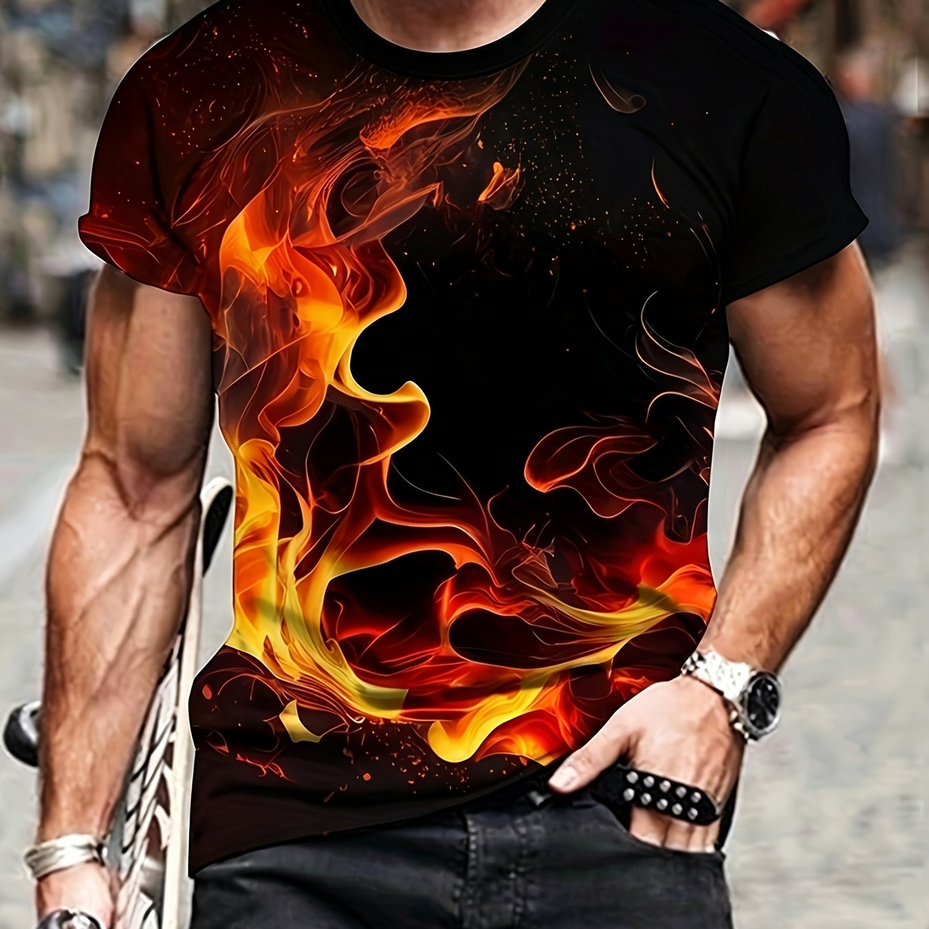 TEMU Print With -dimensional Flame Vortex Pattern. -red-to-golden Gradient Flames Create A Visual Impact, Full Street-style Cool. Perfect For Daily