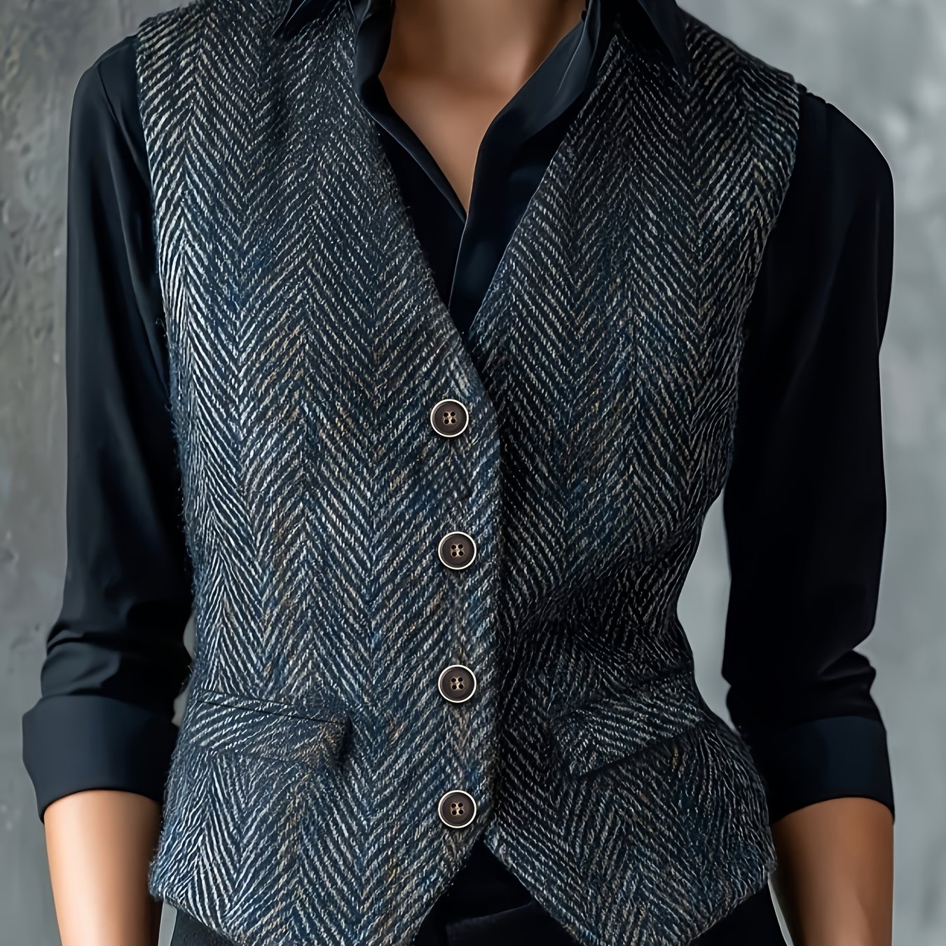 TEMU Spring/autumn Women's Vintage Elegant Minimalist Herringbone Tweed Slim Fit Vest With V-neck, Sleeveless, Pockets, Stylish And Classy Top