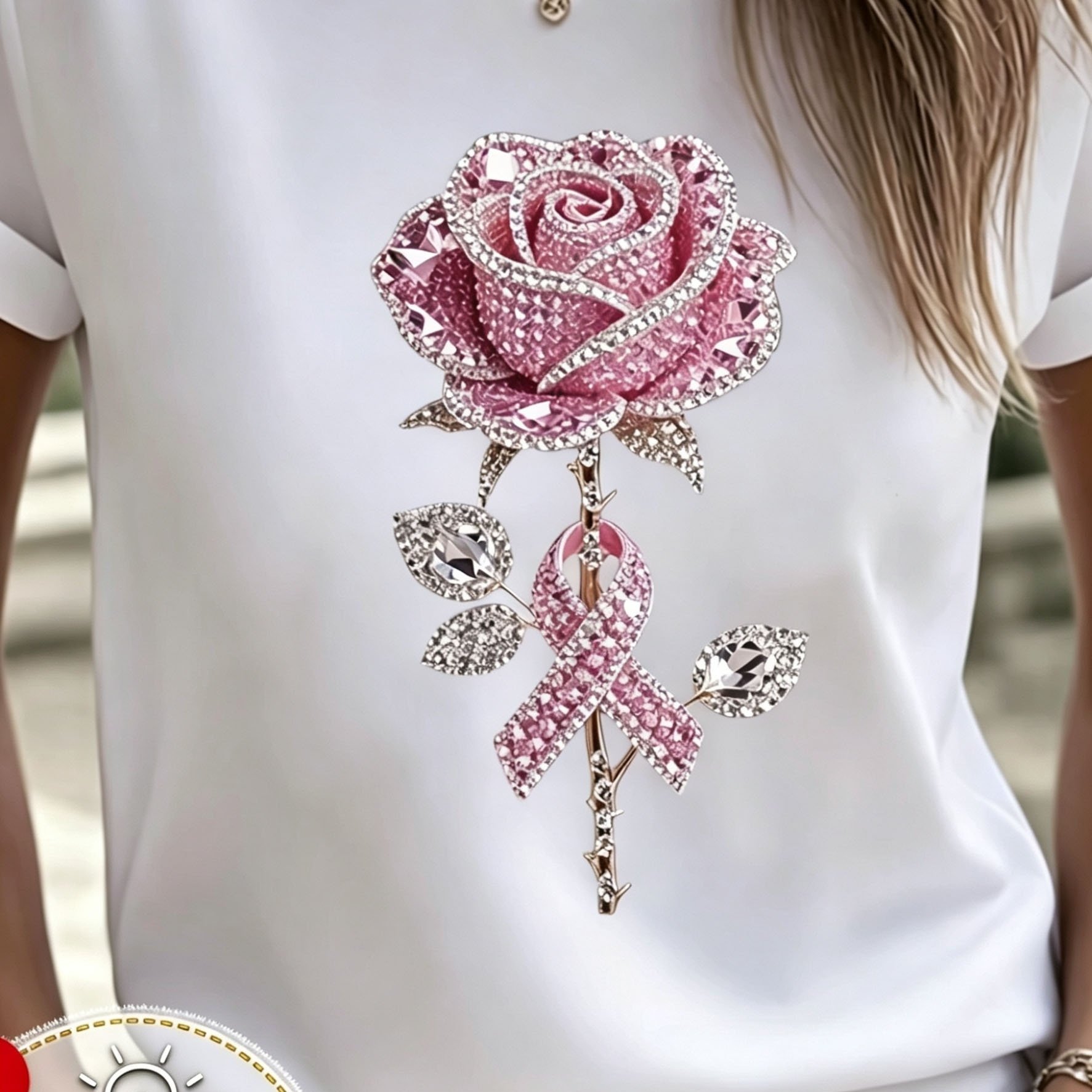 TEMU 2d Printed Pink Rose Pink Design, Women's Short Sleeve T-shirt, Comfortable Casual Top Multiple Sizes , Perfect For Outdoor And Everyday Casual