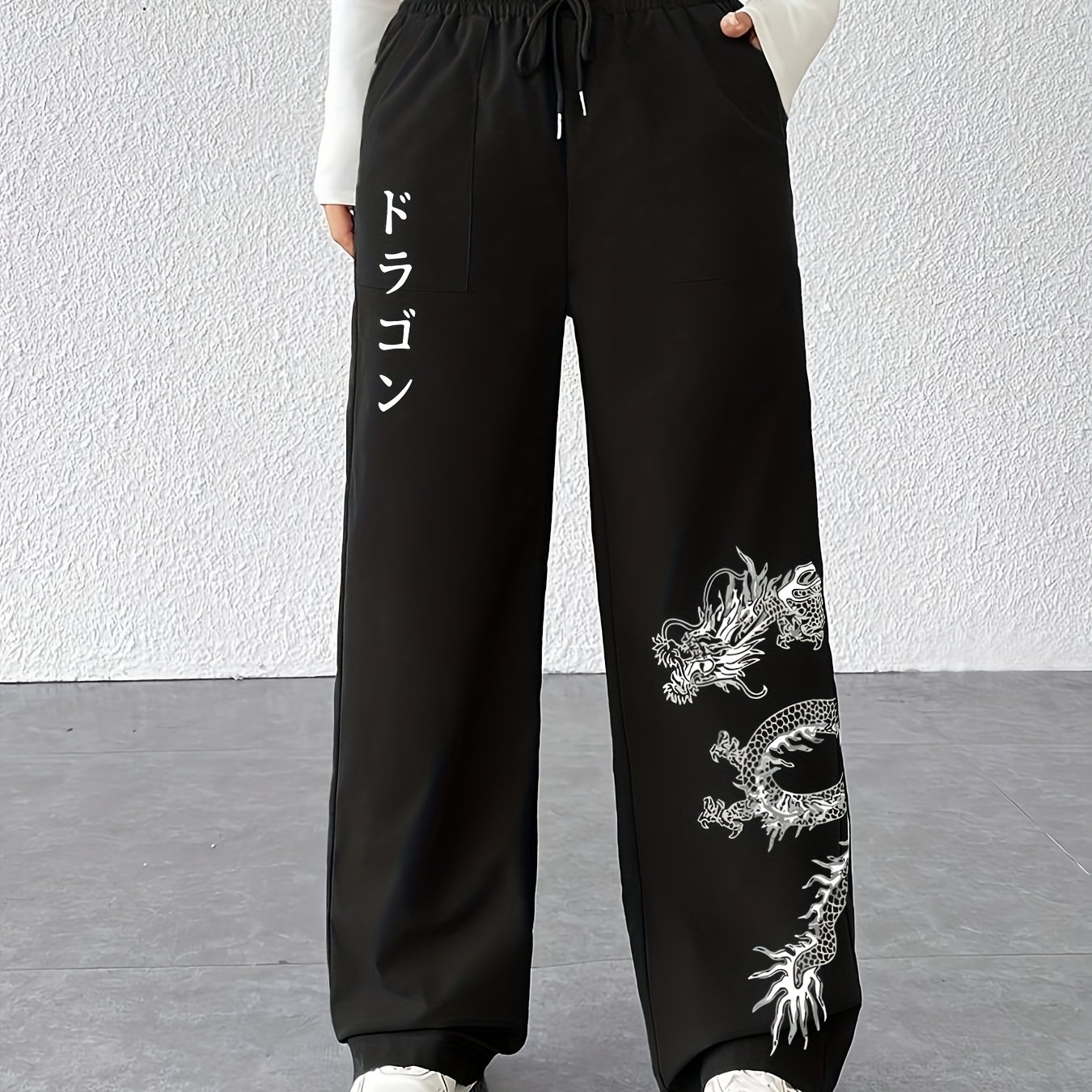 TEMU Japanese Dragon Pattern Print, Fashionable And Versatile Drawstring Elastic Waist Design, Casual And Women's Wide-leg Loose Straight Long Pants