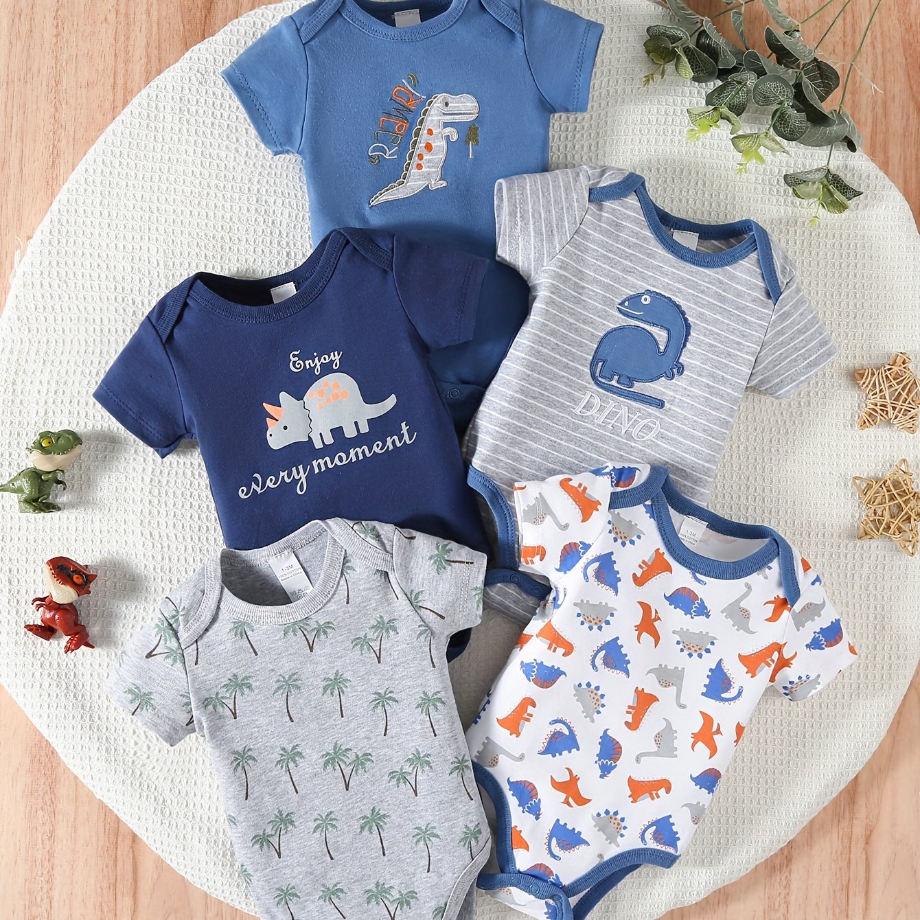 TEMU 5pcs Short-sleeved Spring And Summer Triangular Jumpsuit For Baby Boys, Cotton Dinosaur Sporty Jacket, Crawling Suit For Boys, Home Clothes For