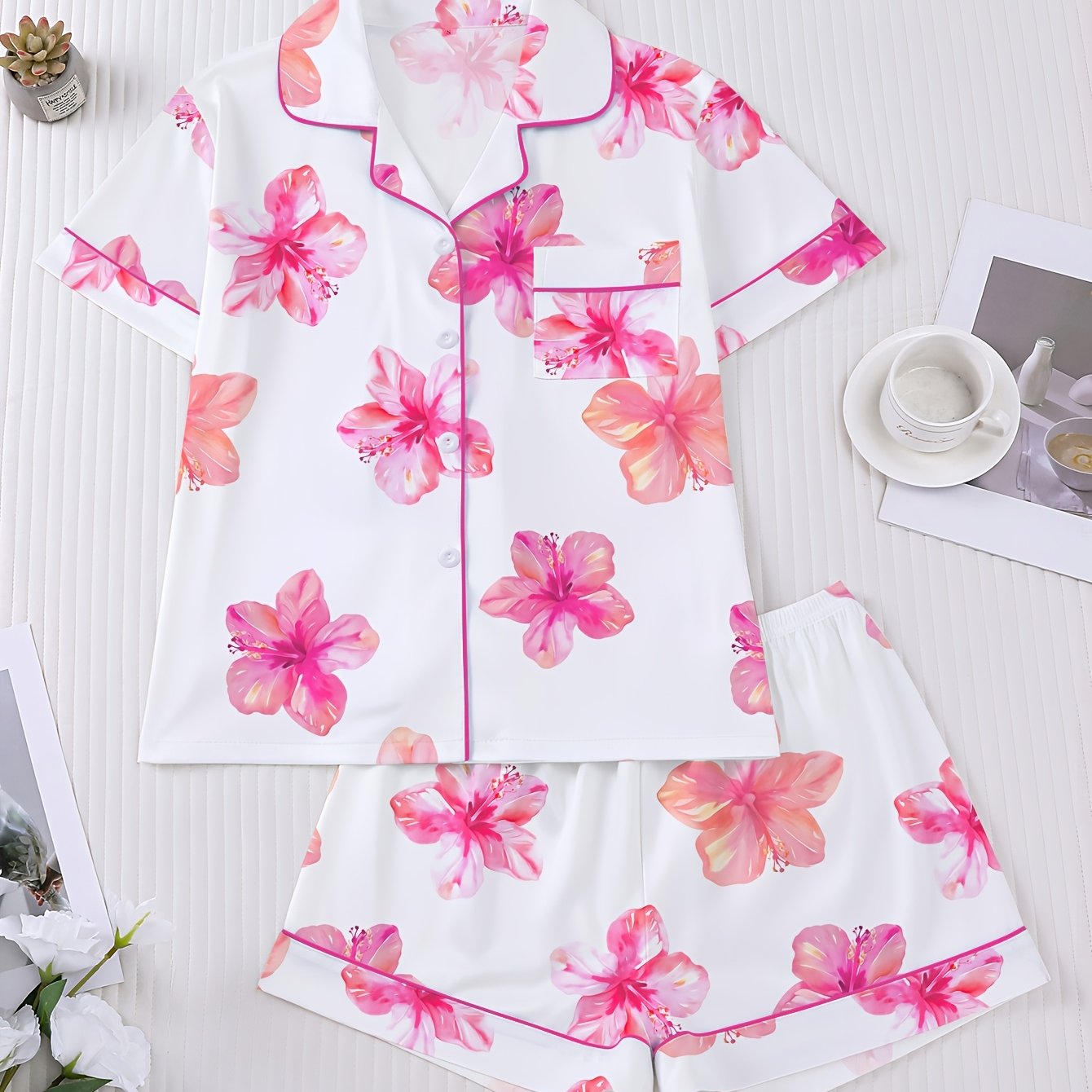 Image of 2pcs Women's Pajama Set, Floral Print, Short Sleeve Shirt With Collar And Buttons And Loose Elastic Shorts, Cute Fashionable Casual Wear