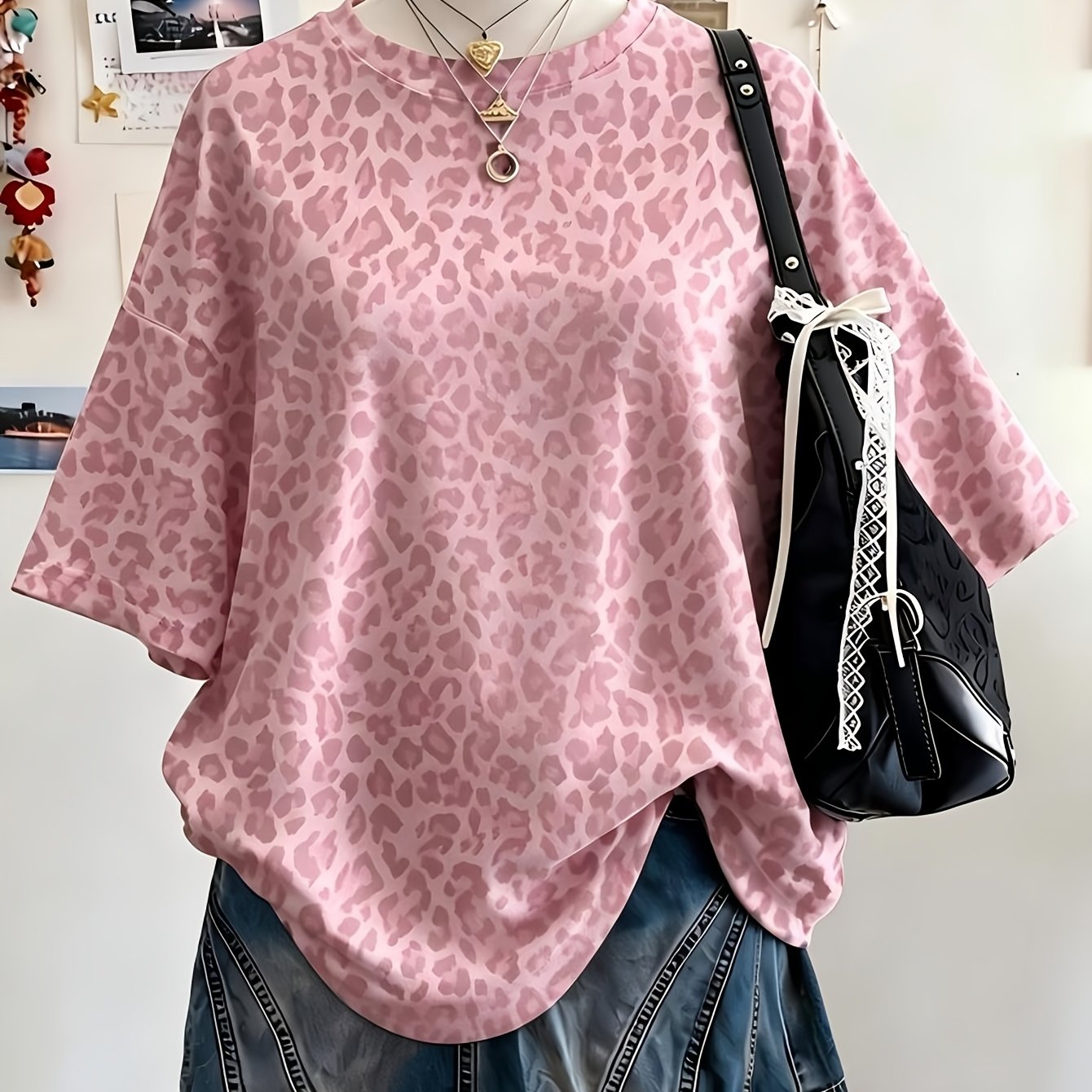 TEMU Plus Size Women's Fashion Random Print Round Neck Off-shoulder T-shirt