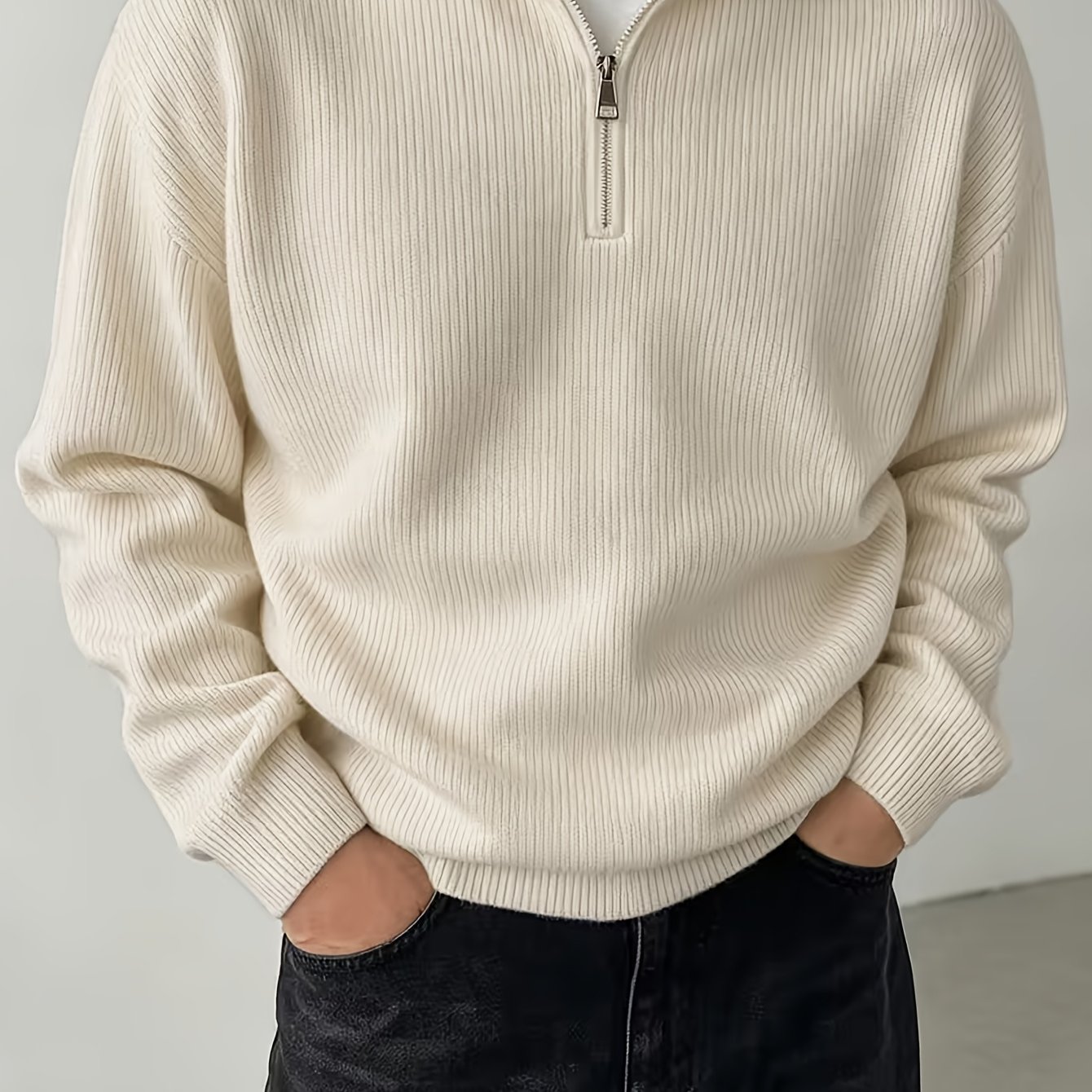 TEMU Pull Polo d'Automne pour Homme, Col Zippé Semi-Ouvert et Réglable. Coupe et Confortable, Style Uni Facile à , Idéal pour et Vêtements