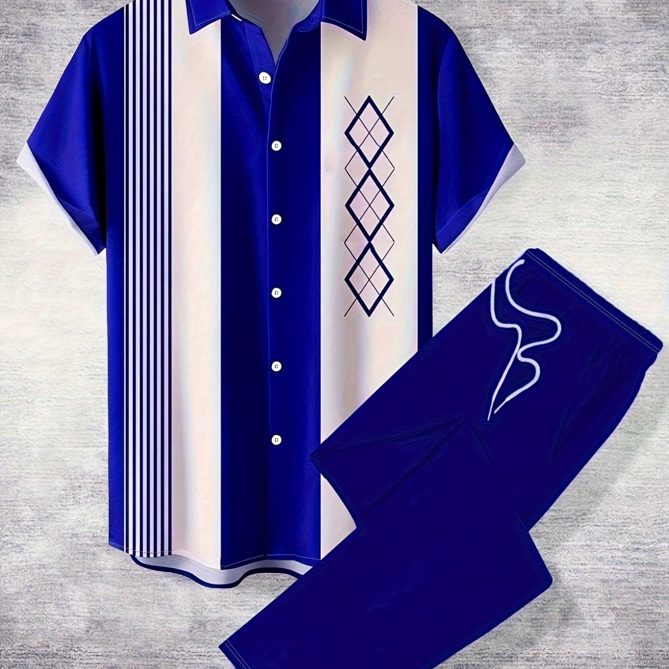 Image of Men's Casual Short Sleeve Shirt And Pants Set- Diamond Pattern- Suitable For Casual Suit Top+ Pants 2pcs Set, Perfect For Thanksgiving, Plus Size