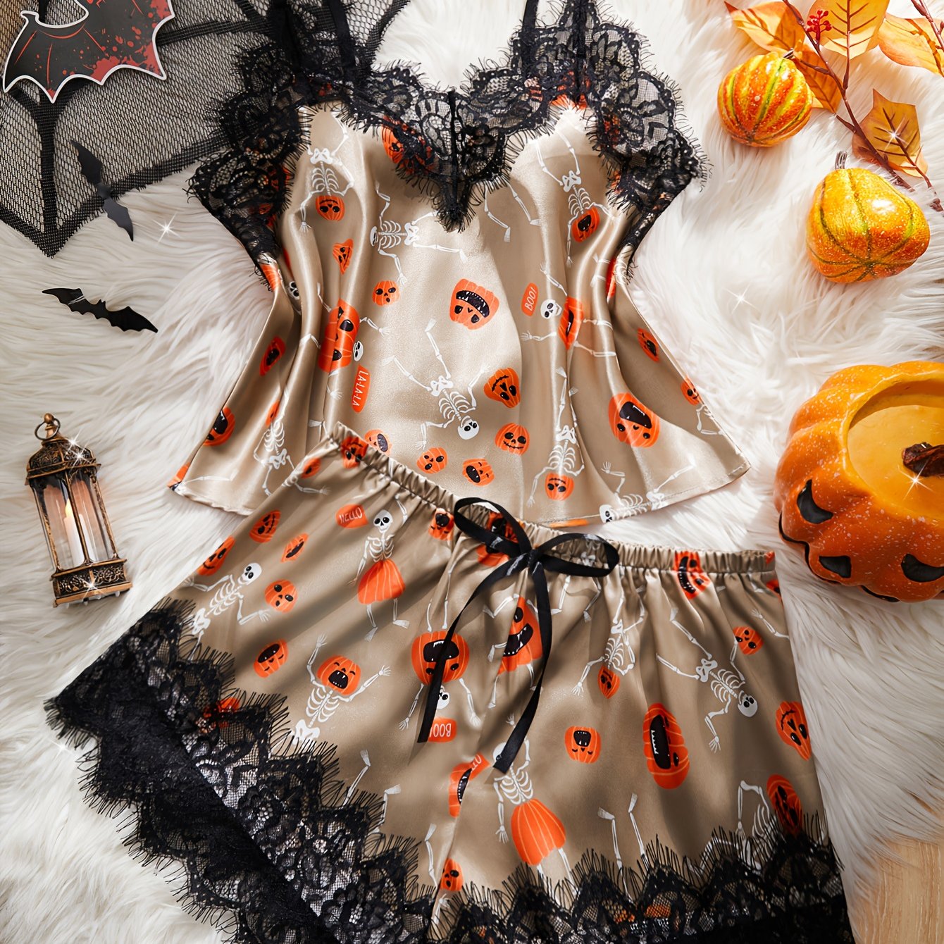 TEMU 2pcs Halloween Pajama Set - Lace Trimmed Camisole Top And Bow Shorts - Soft And Comfortable Women's Sleepwear For