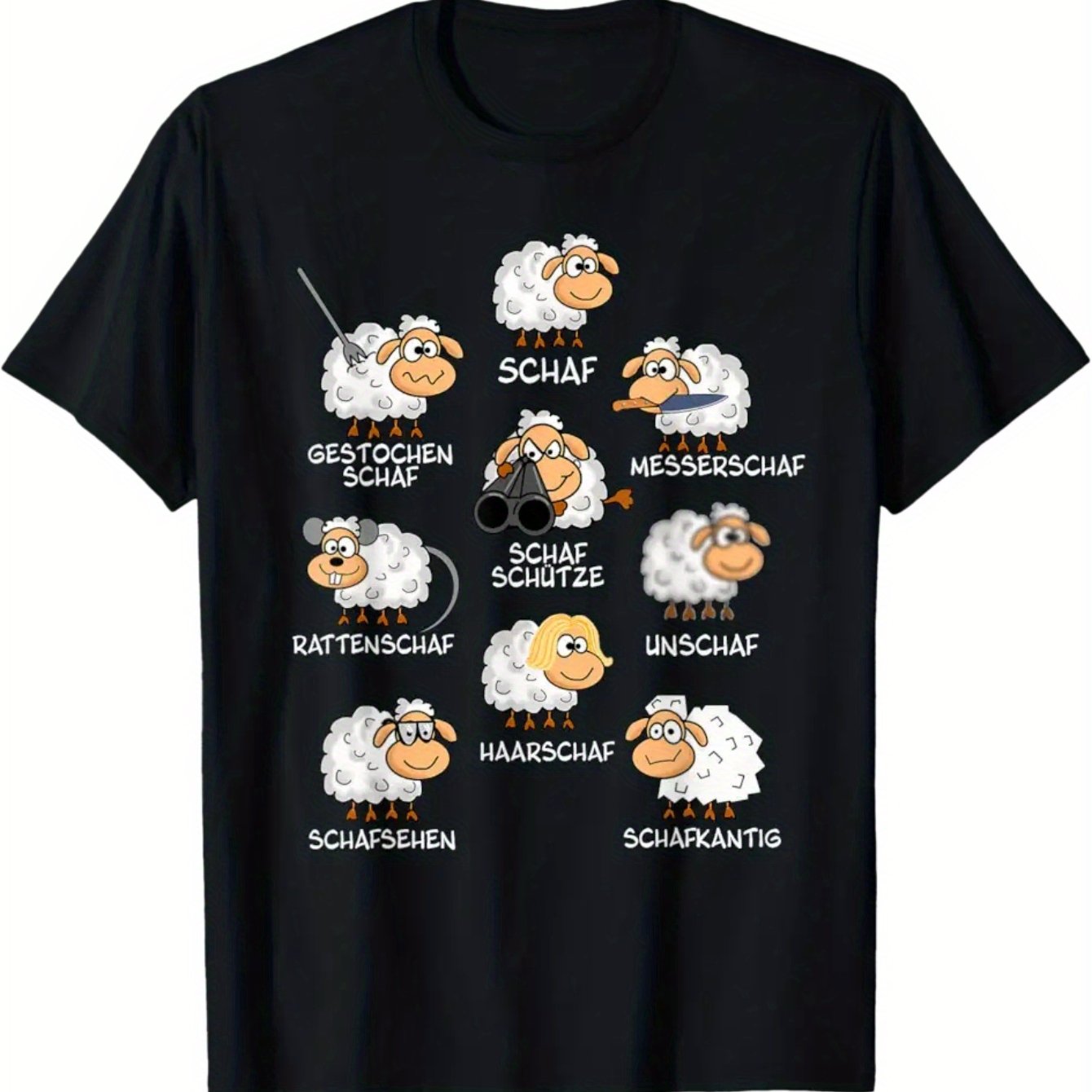 Humorous T-shirt Featuring A Sheep-themed Word Game - Black With White Illustrations Of German . This Casual Short-sleeve Round-neck Tee Is Designed For Adults